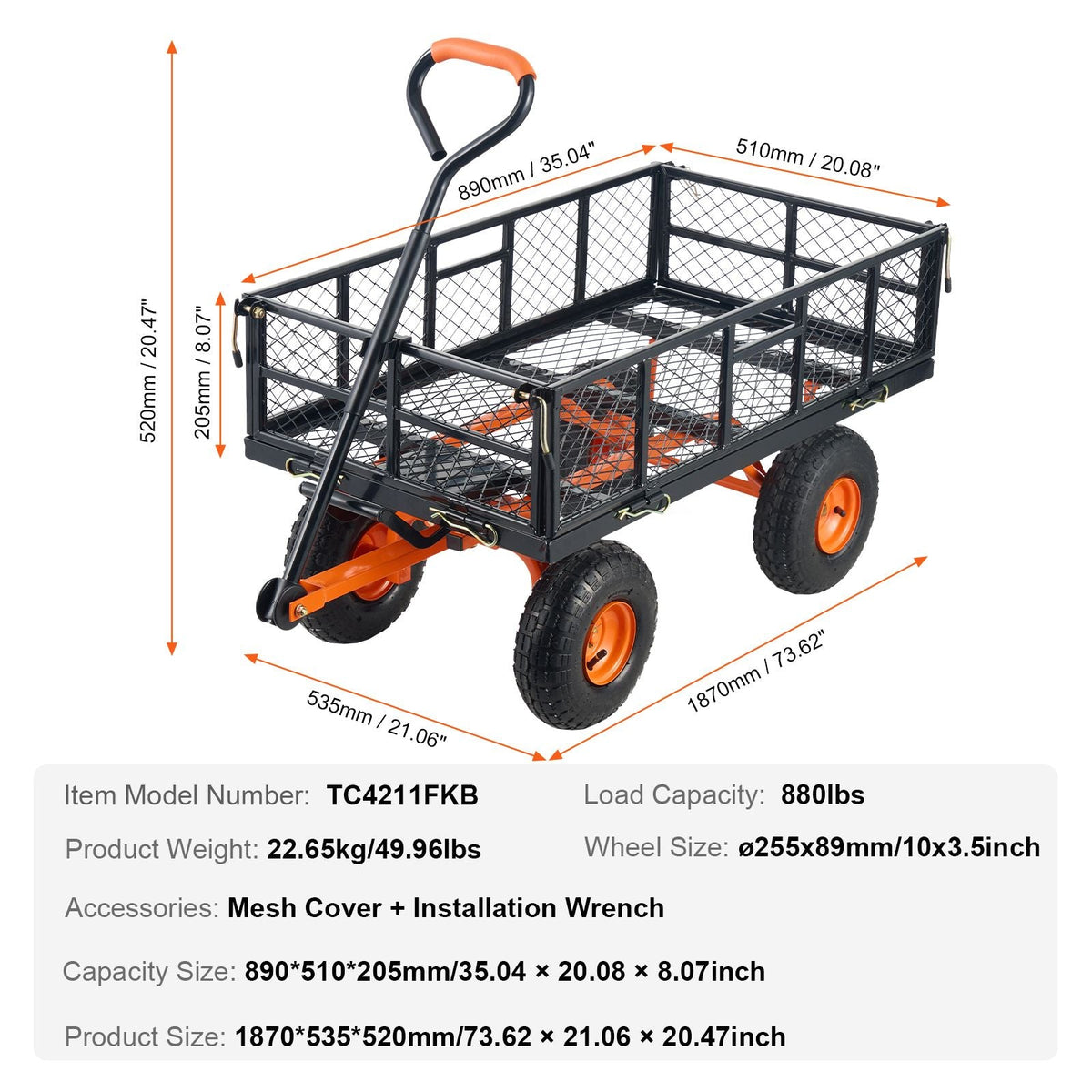 Garden Cart, Sturdy Metal Construction with Simple Assembly, Versatile Dump Cart with Dual-Function Handle, Heavy-Duty Garden Wagon, 880 lbs Load Capacity, 10" Wheels