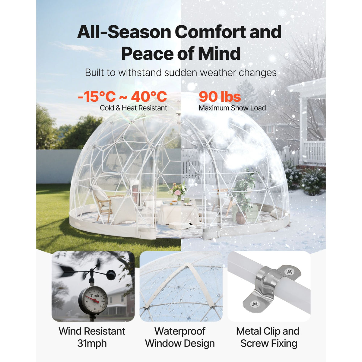 Garden Dome Igloo, 12 x 7.2 ft Outdoor Clear Bubble Tent for 4-7 Person, Weatherproof Geodesic Dome Greenhouse with Window, PVC Igloo Tent for Backyard Patios Camping Party Wedding