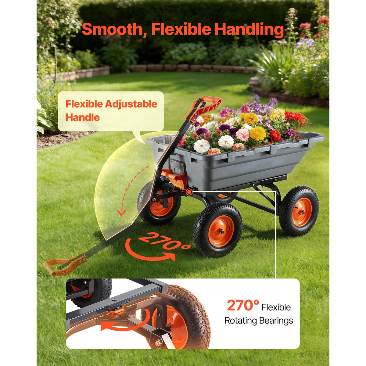 Garden Dump Cart, 1500 lbs Poly Dump Cart, Garden Carts Dumps Wagon with 90° Quick-Dumps Mechanism, Adjustable Handle, 270° Flexible Rotating Bearings, Yard Wagon for Plants, Soil, Crops