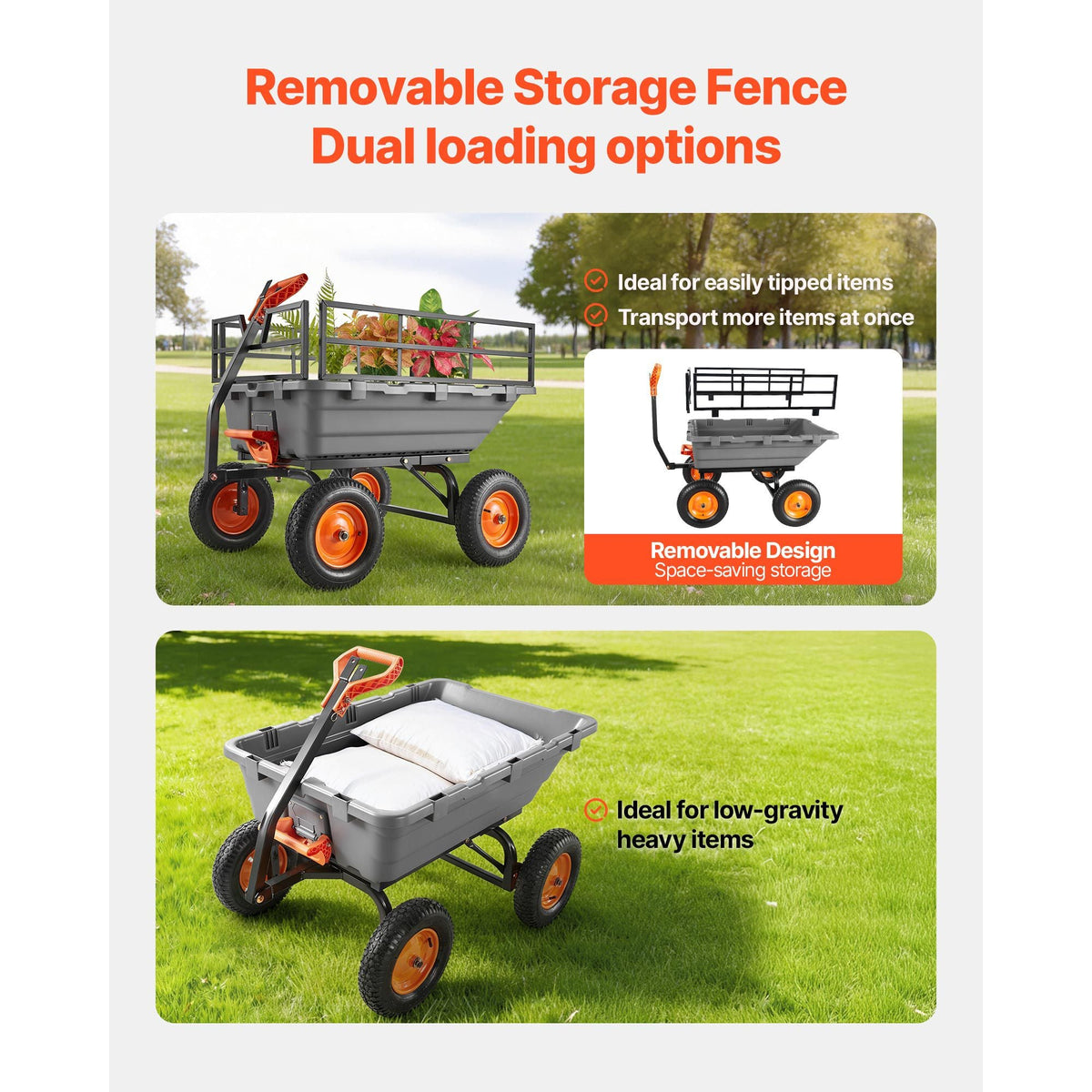 Garden Dump Cart, 1500lbs Poly Dump Cart, 15 Cu. Ft. Garden Carts Dumps Wagon with 2-in-1 Convertible Handle, 90° Quick-Dumps Mechanism, Adjustable Handle, Yard Wagon for Plants, Soil, Crops