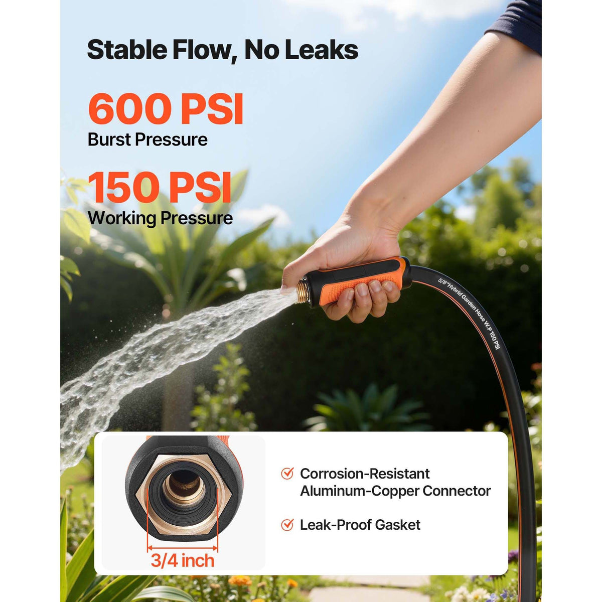 Garden Hose, 75 ft 5/8" Heavy Duty 4-Layer Rubber Water Hose, 150PSI Working & 600PSI Burst, Flexible & Non-kink Outdoor Waterhose with 3/4" Fitting, Lightweight Hoses for Gardening Cleaning