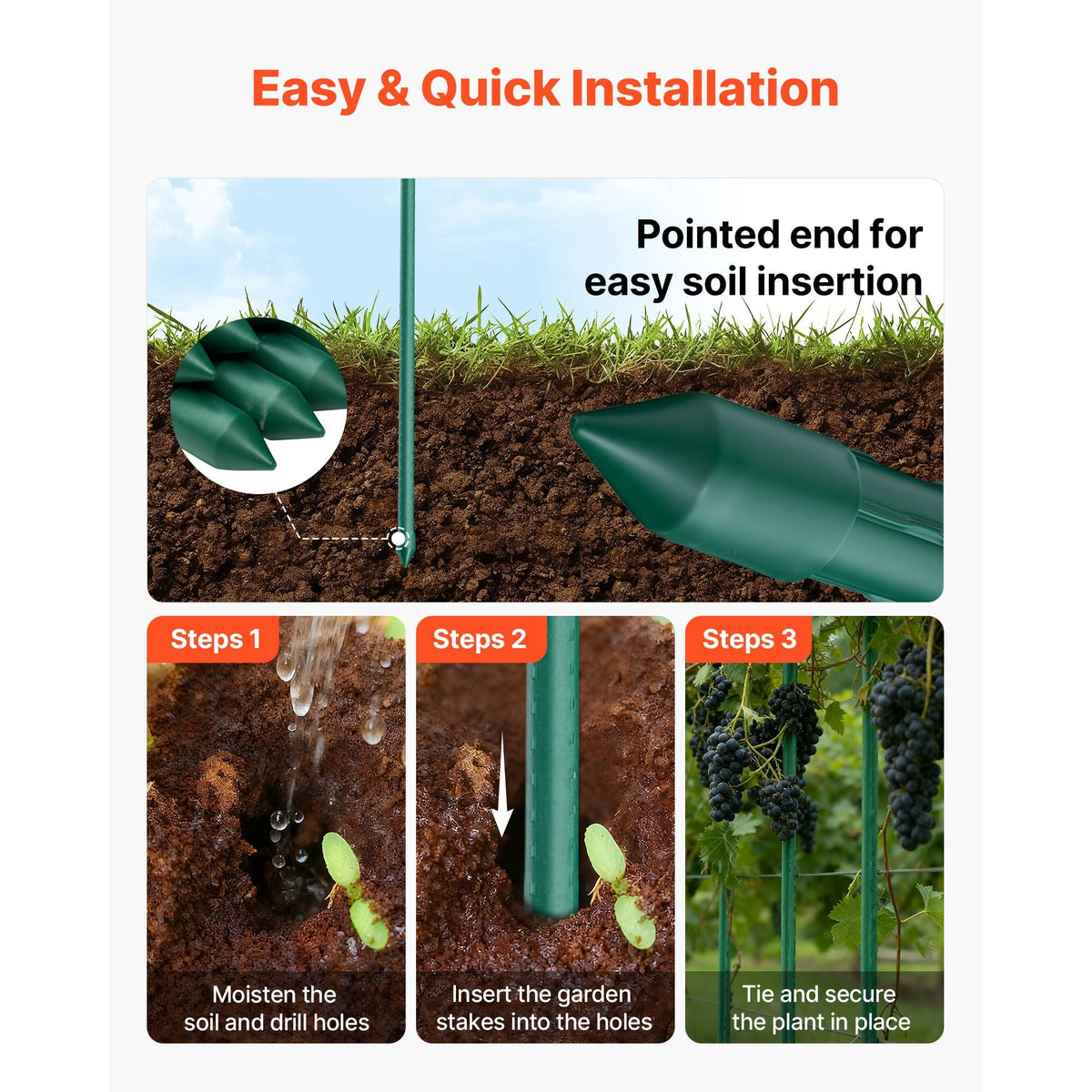 Garden Stakes, 10 Pack, 93.7 inch, Plastic Coated Metal Tomato Stakes, Garden Sticks for Plants Support, with Pointed End and Non-Slip Bumps for Growing Climbing Plants, Outdoor Vegetables