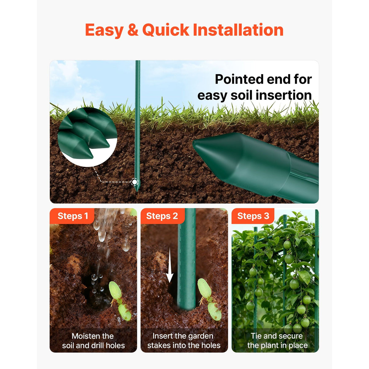 Garden Stakes, 25 Pack, 82.68 inch, Plastic Coated Metal Tomato Stakes, Garden Sticks for Plants Support, with Pointed End and Non-Slip Bumps for Growing Climbing Plants, Outdoor Vegetables