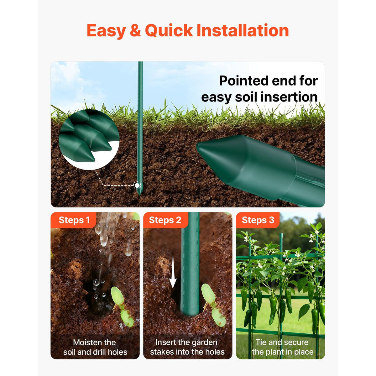 Garden Stakes, 50 Pack, 46.06 inch, Plastic Coated Metal Tomato Stakes, Garden Sticks for Plants Support, with Pointed End and Non-Slip Bumps for Growing Climbing Plants, Outdoor Vegetables
