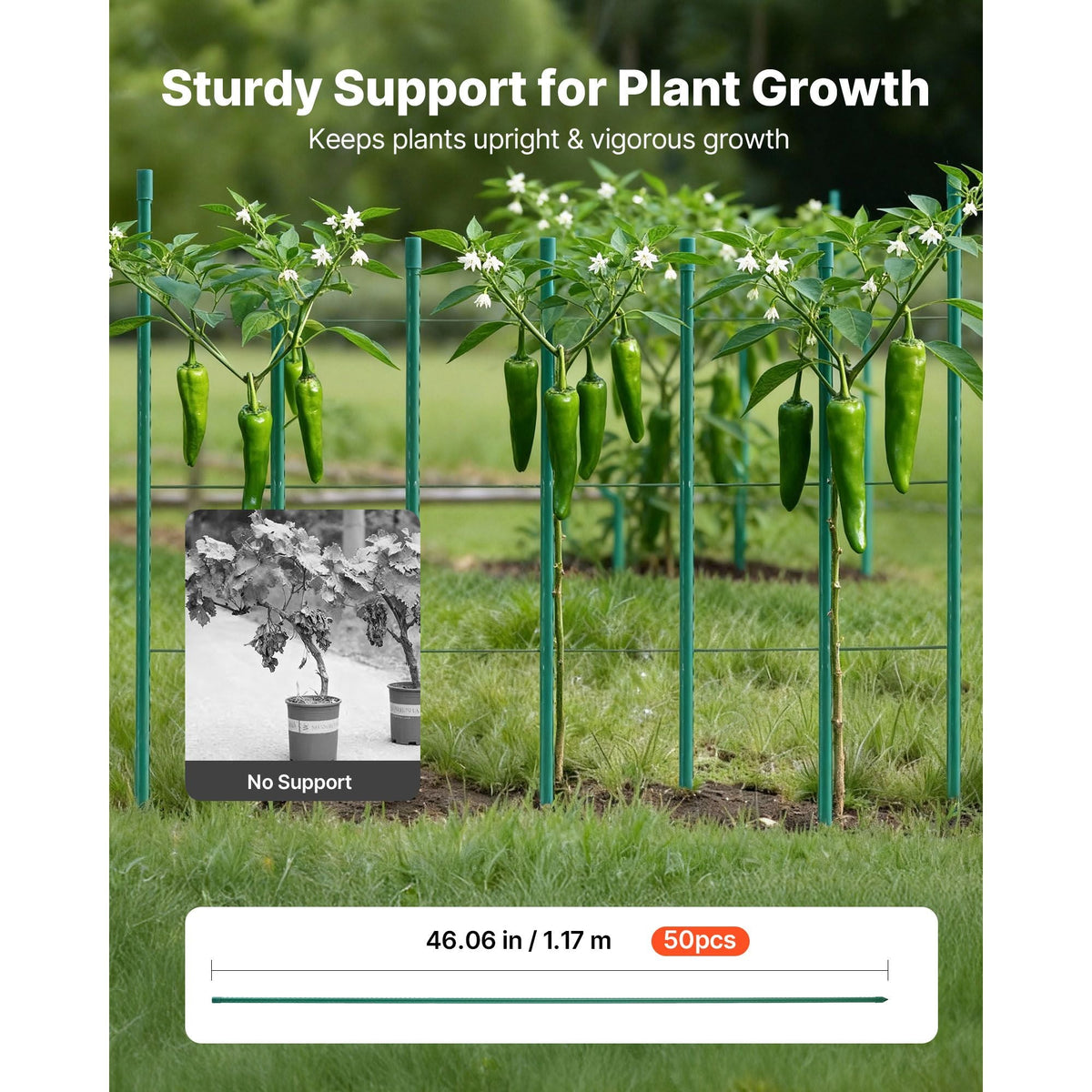 Garden Stakes, 50 Pack, 46.06 inch, Plastic Coated Metal Tomato Stakes, Garden Sticks for Plants Support, with Pointed End and Non-Slip Bumps for Growing Climbing Plants, Outdoor Vegetables