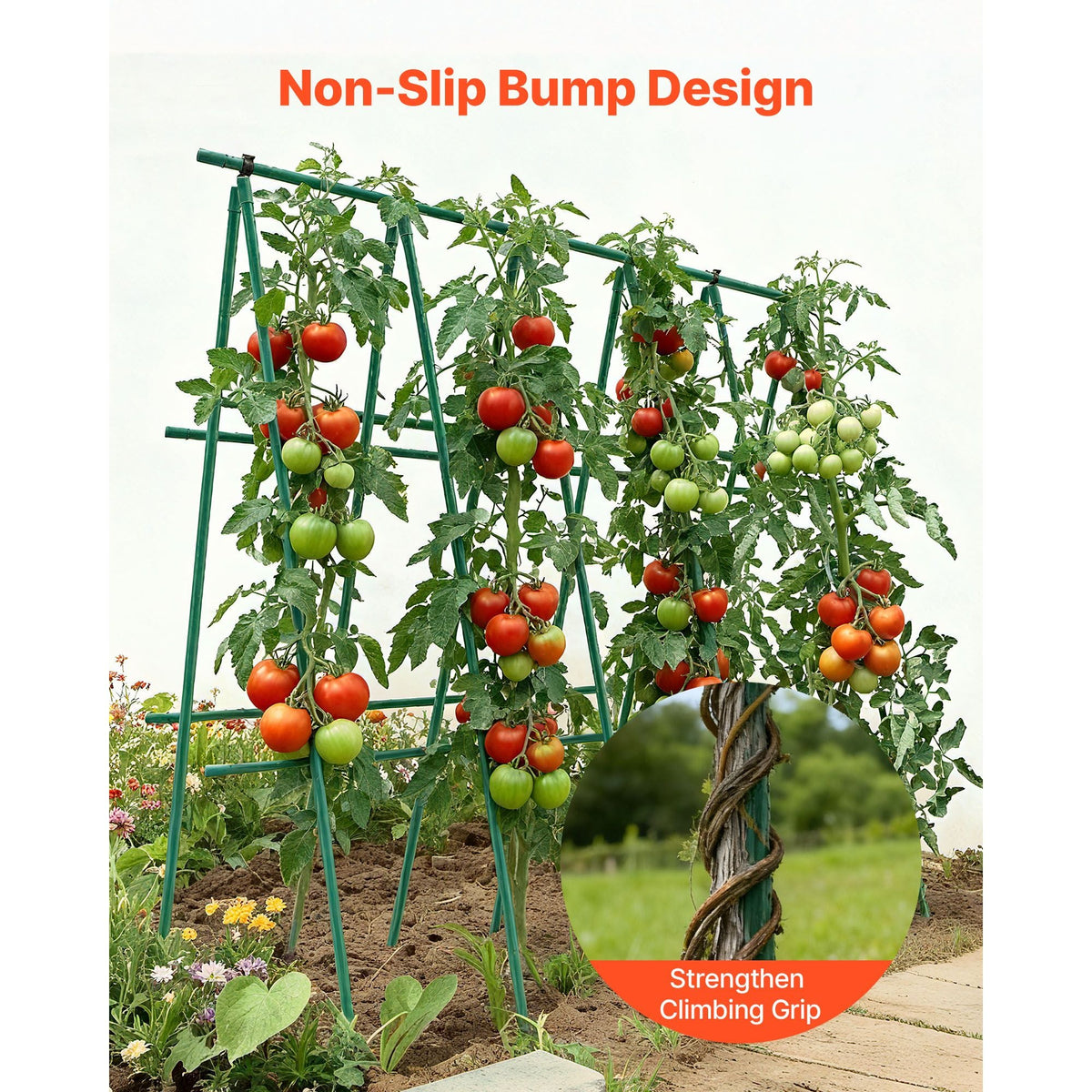 Garden Stakes, 50 Pack, 46.06 inch, Plastic Coated Metal Tomato Stakes, Garden Sticks for Plants Support, with Pointed End and Non-Slip Bumps for Growing Climbing Plants, Outdoor Vegetables