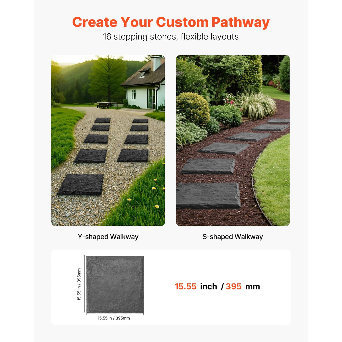 Garden Stepping Stones, 16Pcs 15.5 x 15.5 in, Decorative Stepping Stones with Stakes, Weather-Resistant Plastic Pathway Pavers, Smooth Surface, Outdoor Walkway for Lawn Patio Landscape, Grey