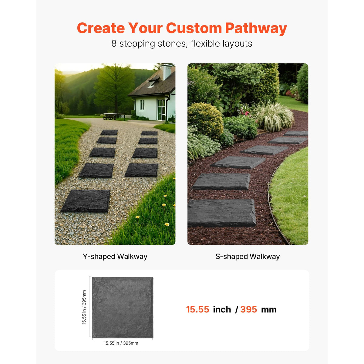 Garden Stepping Stones, 8Pcs 15.5 x 15.5 in, Decorative Stepping Stones with Stakes, Weather-Resistant Plastic Pathway Pavers, Smooth Surface, Outdoor Walkway for Lawn Patio Landscape, Grey