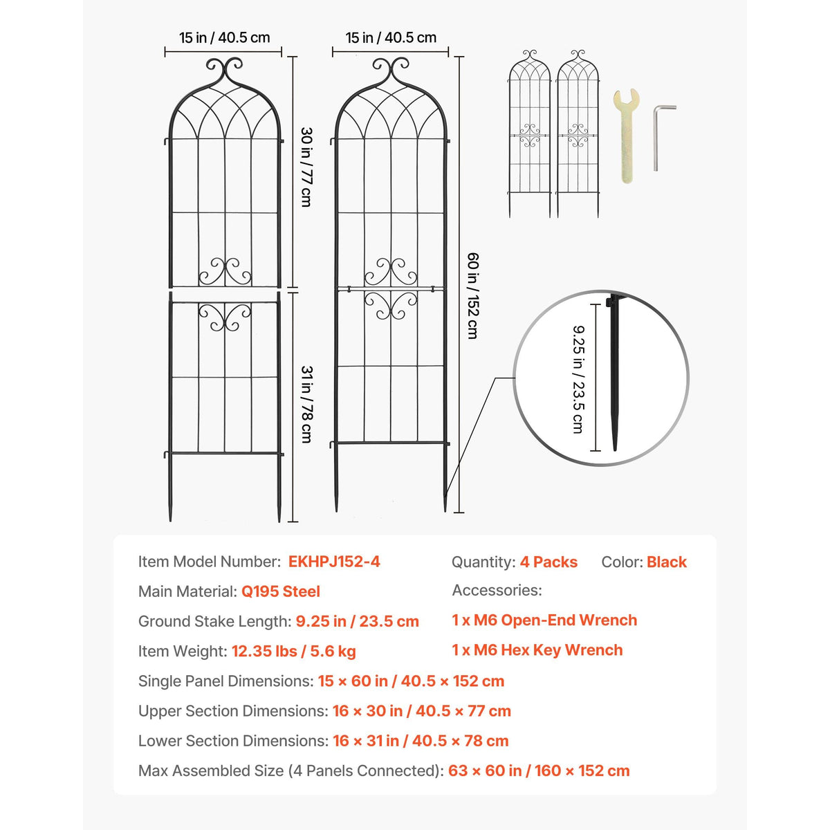 Garden Trellis, 60 x 15 inch Rose Trellis, 4 Packs Garden Flower Rose Trellises with Powder-Coated Finish & Convenient Locking Design, Plant Support Trellises for Flowers, Vegetables, Roses