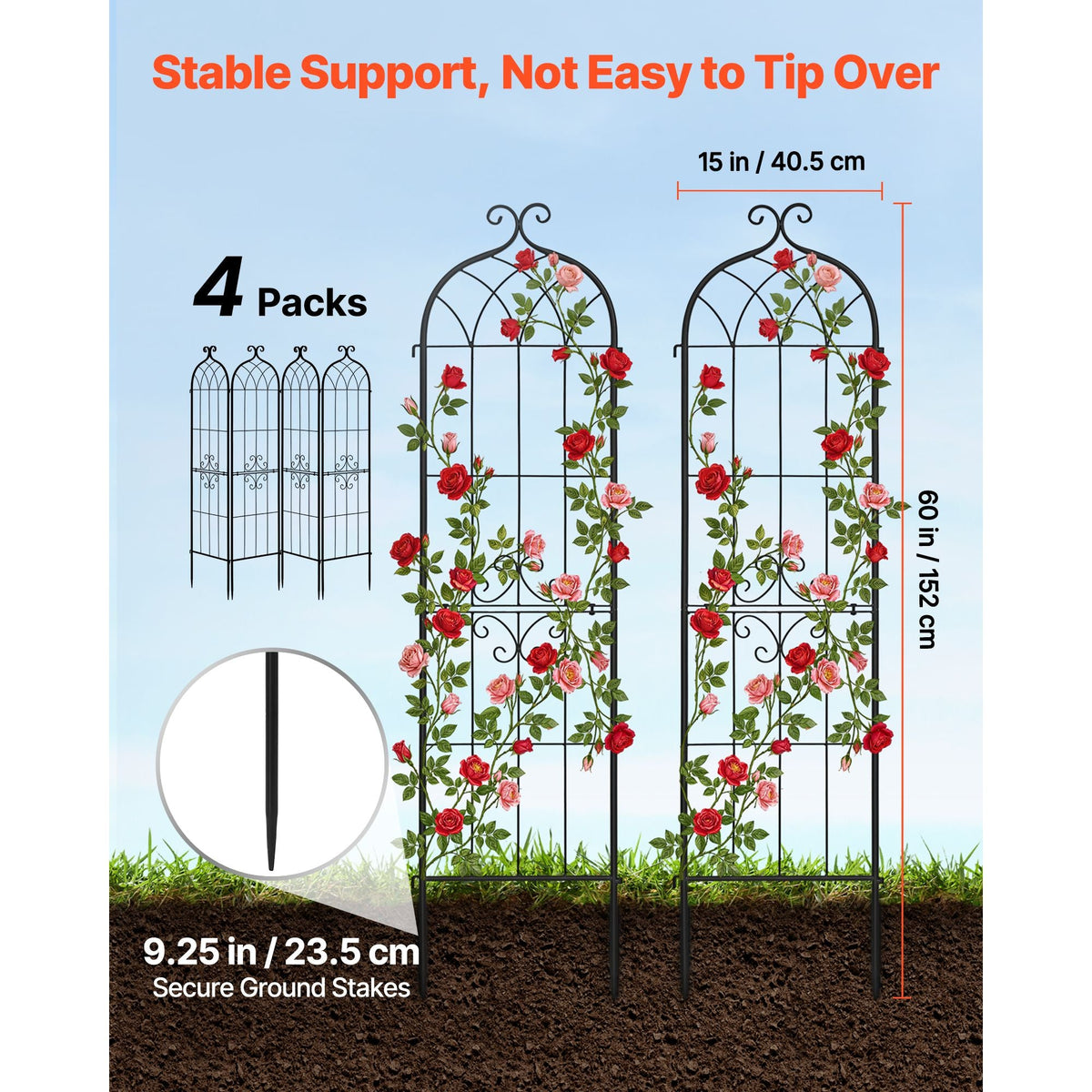 Garden Trellis, 60 x 15 inch Rose Trellis, 4 Packs Garden Flower Rose Trellises with Powder-Coated Finish & Convenient Locking Design, Plant Support Trellises for Flowers, Vegetables, Roses