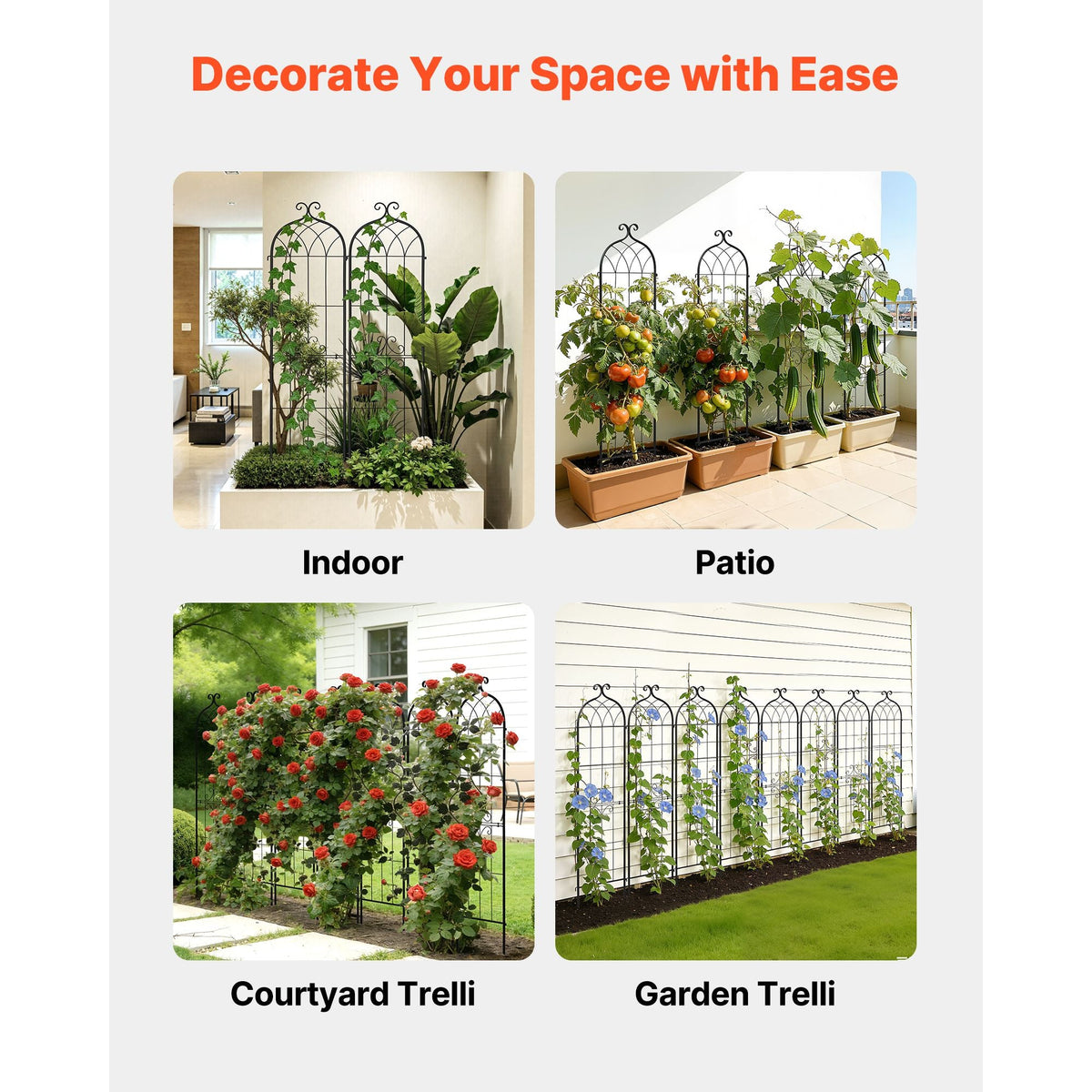 Garden Trellis, 60 x 15 inch Rose Trellis, 4 Packs Garden Flower Rose Trellises with Powder-Coated Finish & Convenient Locking Design, Plant Support Trellises for Flowers, Vegetables, Roses