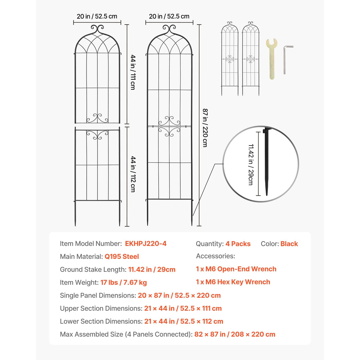 Garden Trellis, 87 x 20 inch Rose Trellis, 4 Packs Garden Flower Rose Trellises with Powder-Coated Finish & Convenient Locking Design, Plant Support Trellises for Flowers, Vegetables, Roses