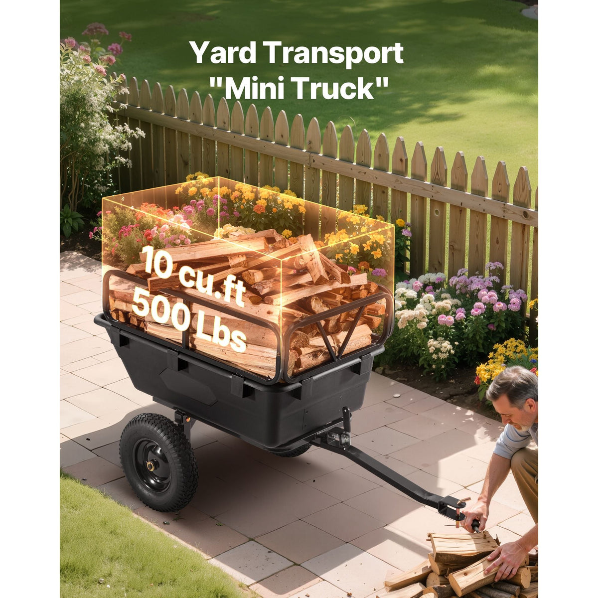 Garden Utility Trailer, 10 Cu. Ft 500lbs, ATV UTV Hauling Trailer, Tow Behind Poly Dump Cart with 16" Tires, Hand Pull or Foot Pedal, Heavy Duty Yard Trailers for Lawn Mower Tractor Garden Waste