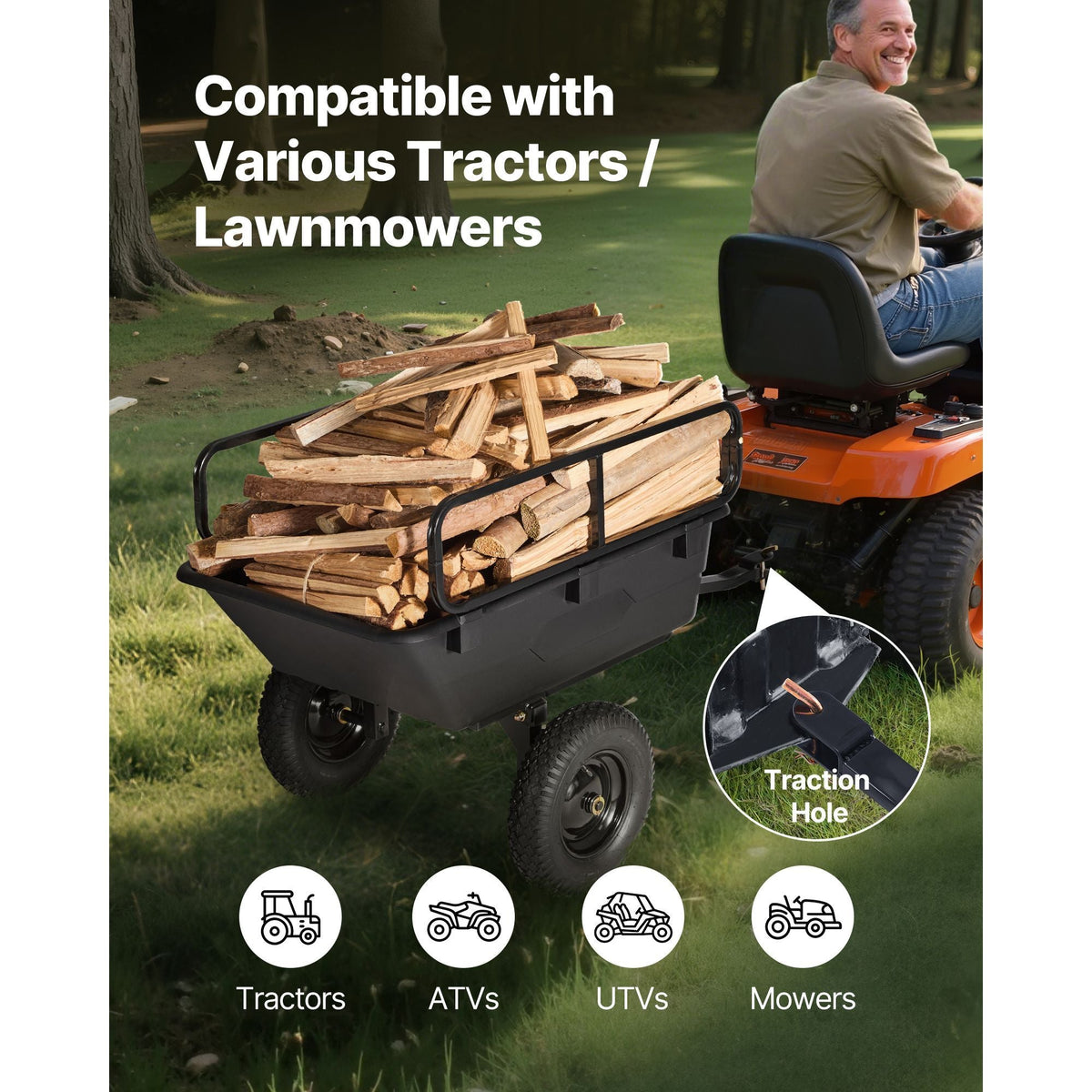 Garden Utility Trailer, 10 Cu. Ft 500lbs, ATV UTV Hauling Trailer, Tow Behind Poly Dump Cart with 16" Tires, Hand Pull or Foot Pedal, Heavy Duty Yard Trailers for Lawn Mower Tractor Garden Waste