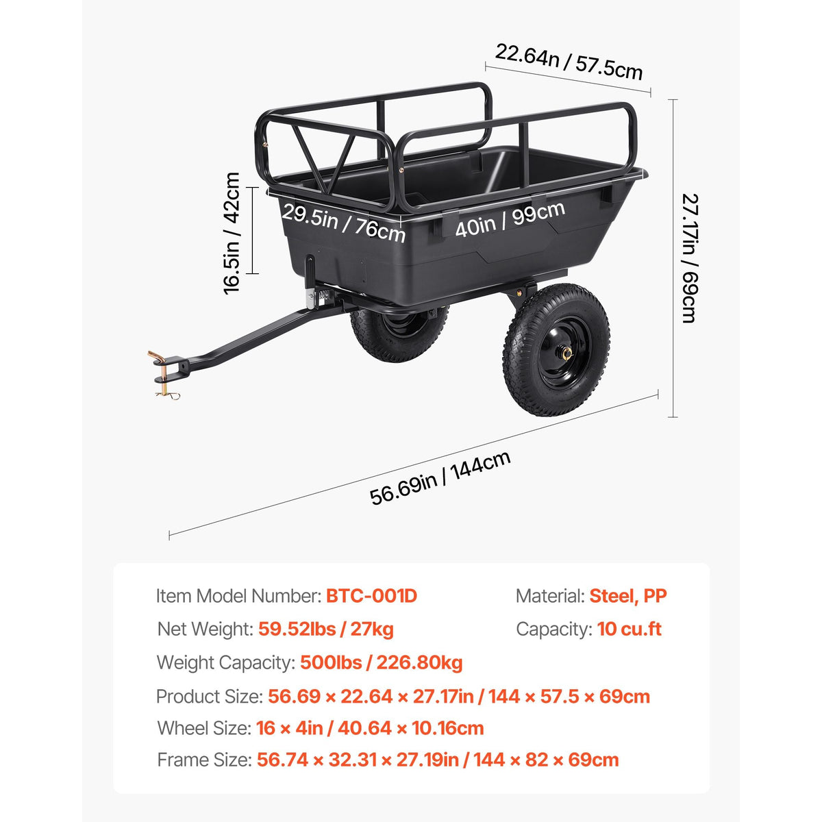 Garden Utility Trailer, 10 Cu. Ft 500lbs, ATV UTV Hauling Trailer, Tow Behind Poly Dump Cart with 16" Tires, Hand Pull or Foot Pedal, Heavy Duty Yard Trailers for Lawn Mower Tractor Garden Waste