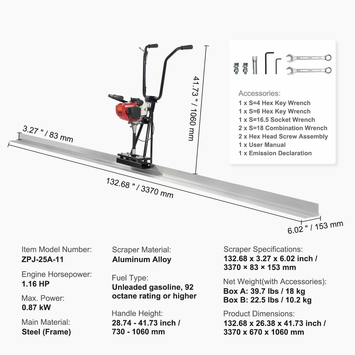 Gas Concrete Power Screed, 11ft Aluminum Board Straight Edge Bar Set, 4 Stroke Cement Finishing Vibrating Motor with Height Adjustable Handles, High Efficient Concrete Tools 6500RPM