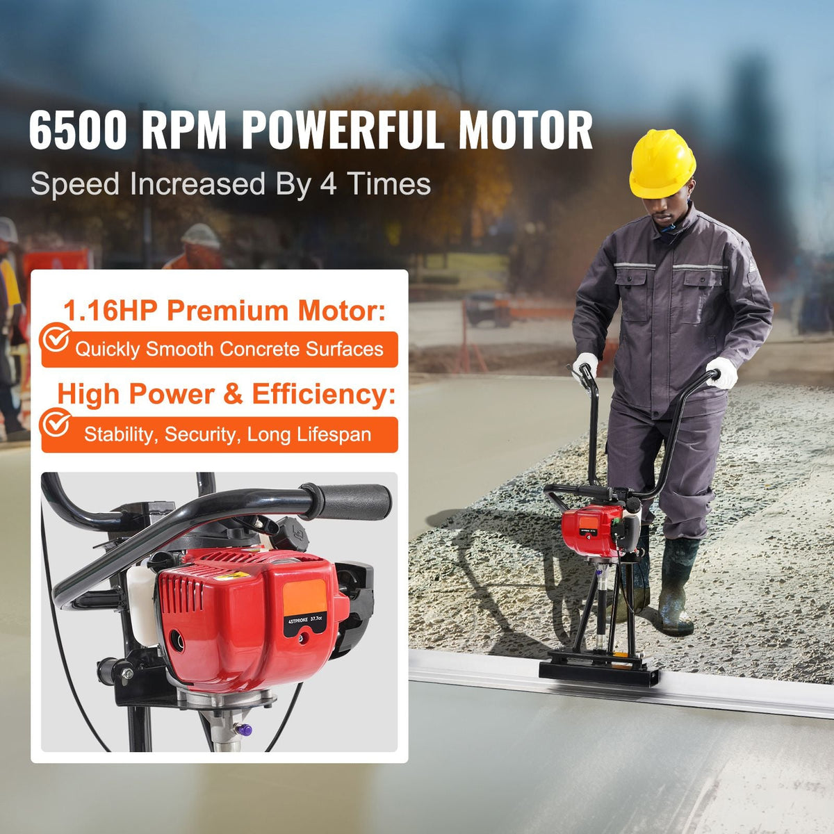 Gas Concrete Power Screed, 6ft/8ft/11ft Aluminum Board Straight Edge Bar Set, 4 Stroke Cement Finishing Vibrating Motor w/ Height Adjustable Handles, High Efficient Concrete Tool 6500RPM