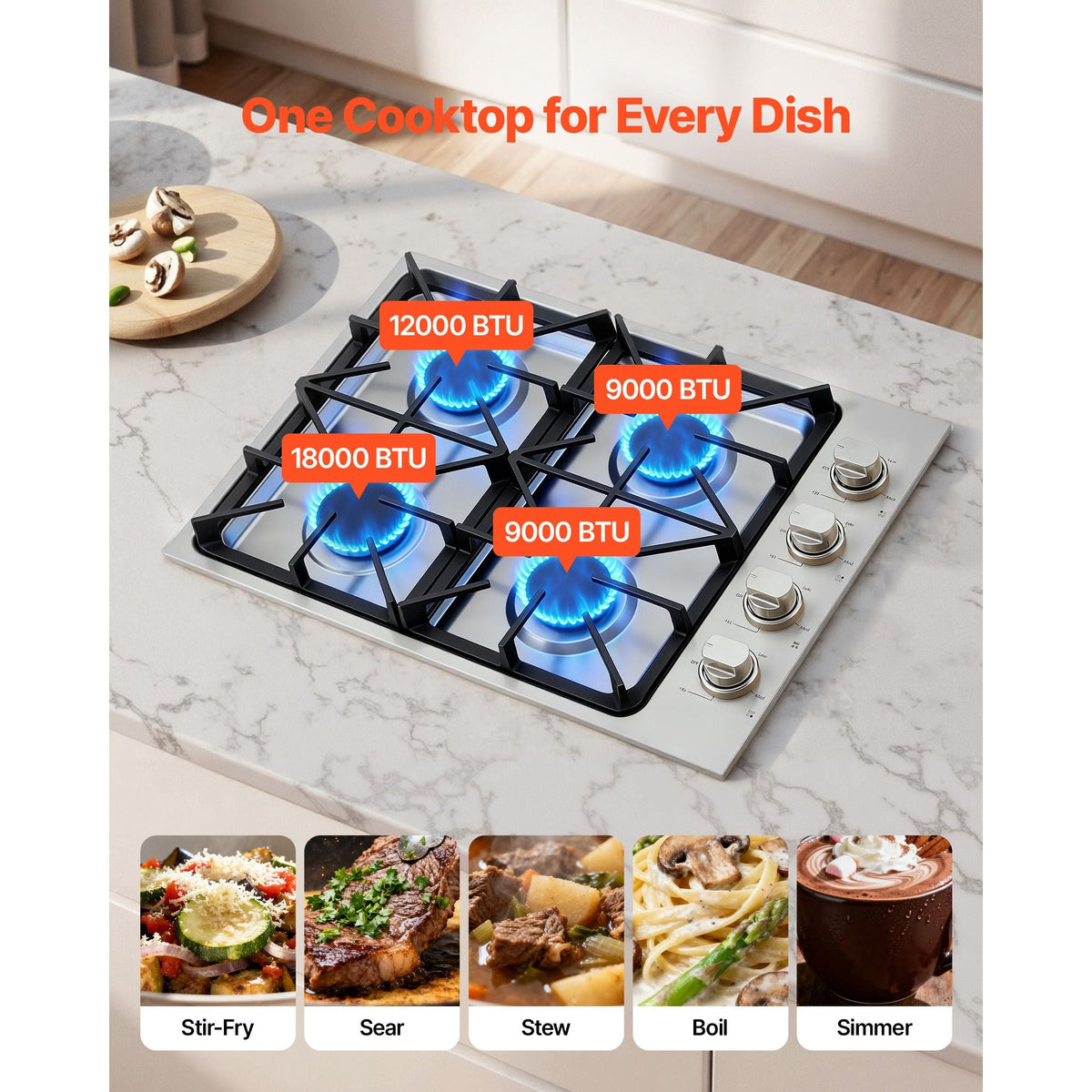 Gas Cooktop, 30 inch 4 Burners Gas Stove Top, Max 48000BTU Built-in Stainless Steel Stove Top LPG/NG Convertible Dual Fuel Cooktop Stoves with Sealed Burner for Sear, Stew, Boil, Stir-Fry
