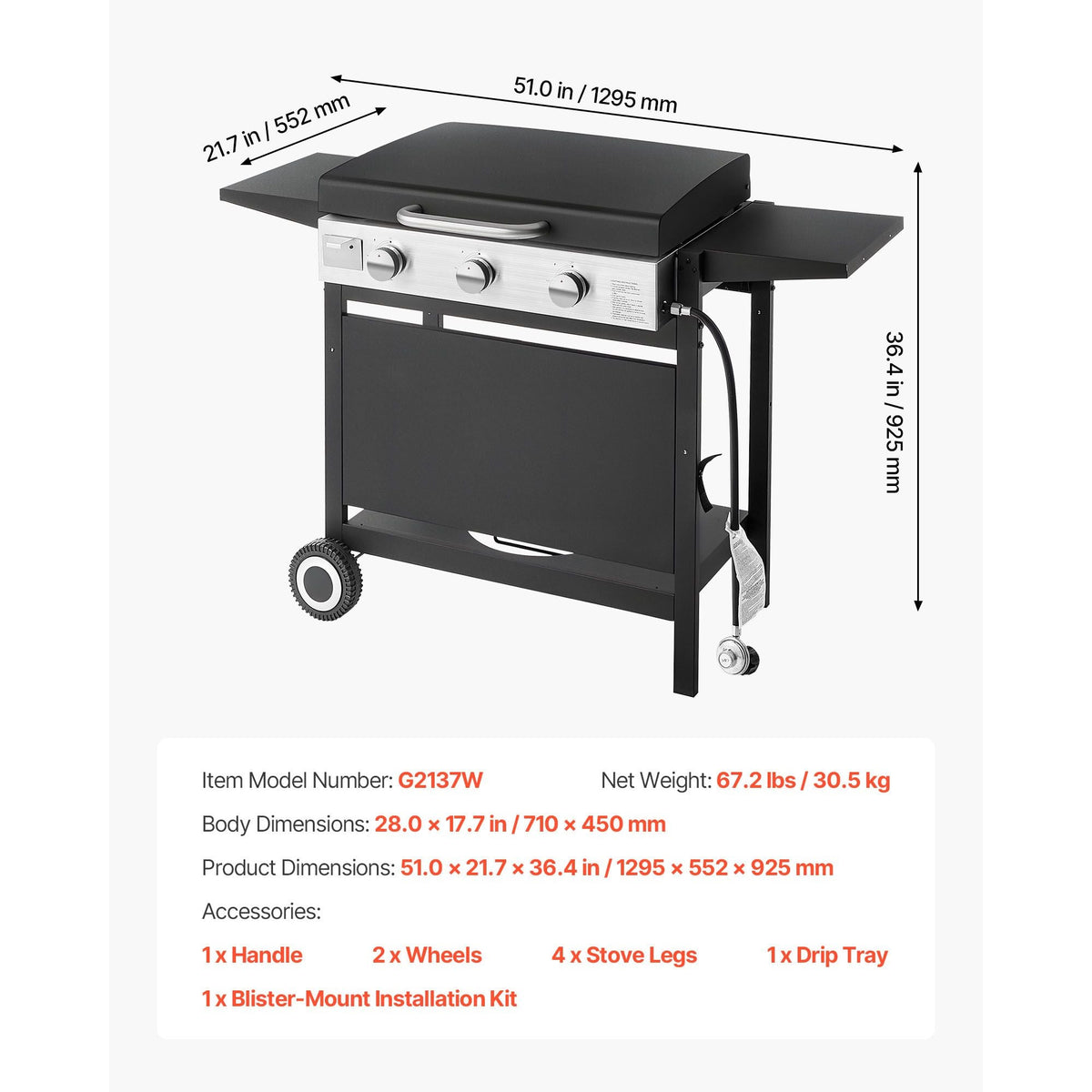 Gas Griddle, 3-Burner Flat Top Grill, Propane Griddle with Wheels, Lid, 3 x 11000 BTU Outdoor Flat Top Grills for Pan-Frying, Grilling, Stir-Frying, & BBQ, Pulse Ignition, Removable Top Design