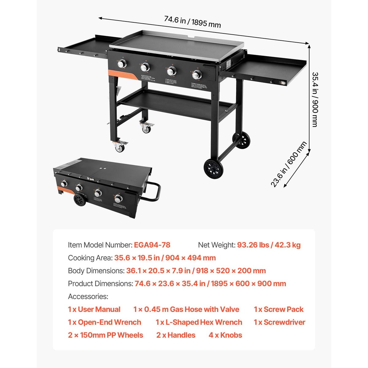 Gas Griddle, 4-Burner Flat Top Grill, 36 inch Grill Plate Foldable Propane Griddle with Wheels, 60000 BTU Outdoor Flat Top Grills for Pan-Frying, Grilling, Stir-Frying, & BBQ, Pulse Ignition
