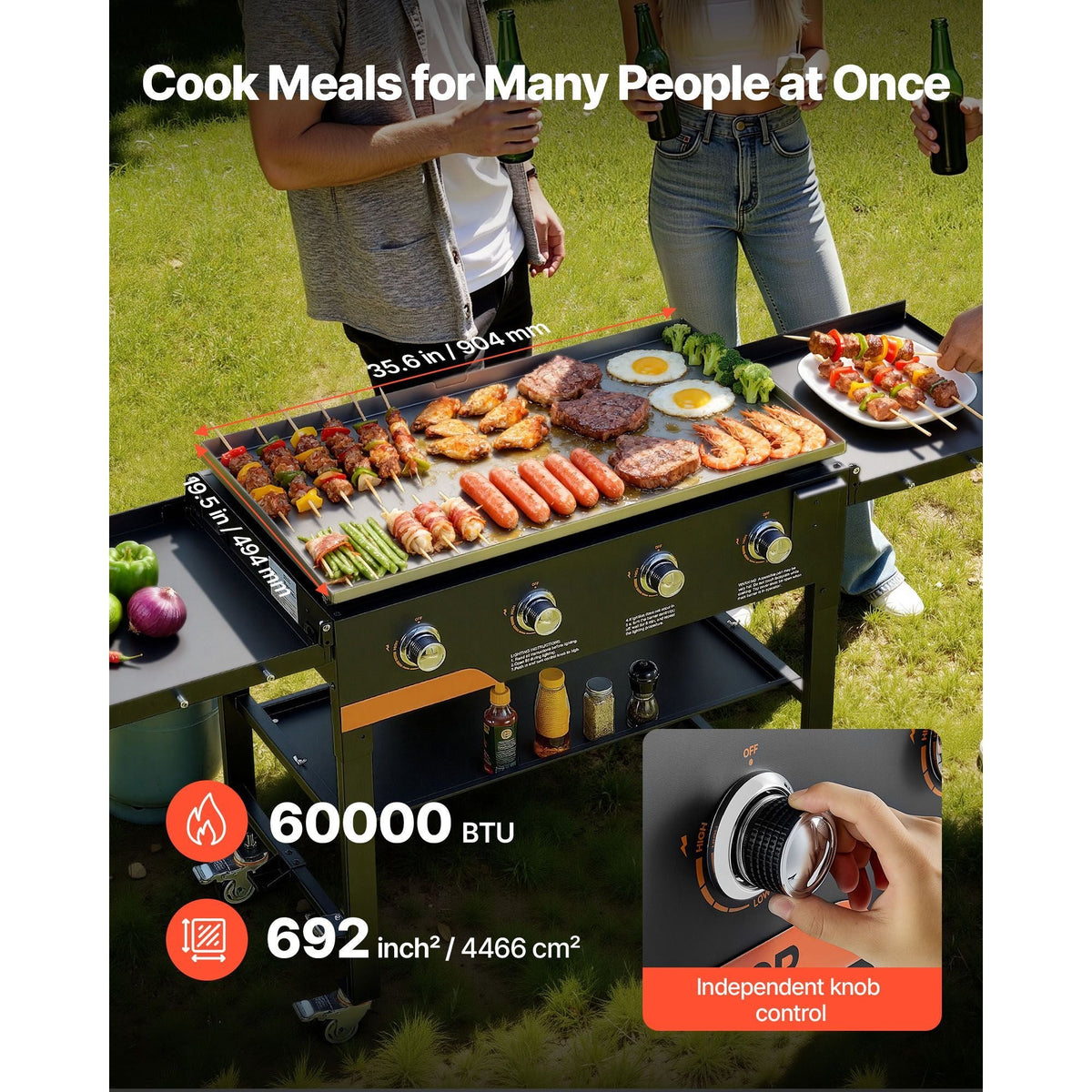 Gas Griddle, 4-Burner Flat Top Grill, 36 inch Grill Plate Foldable Propane Griddle with Wheels, 60000 BTU Outdoor Flat Top Grills for Pan-Frying, Grilling, Stir-Frying, & BBQ, Pulse Ignition