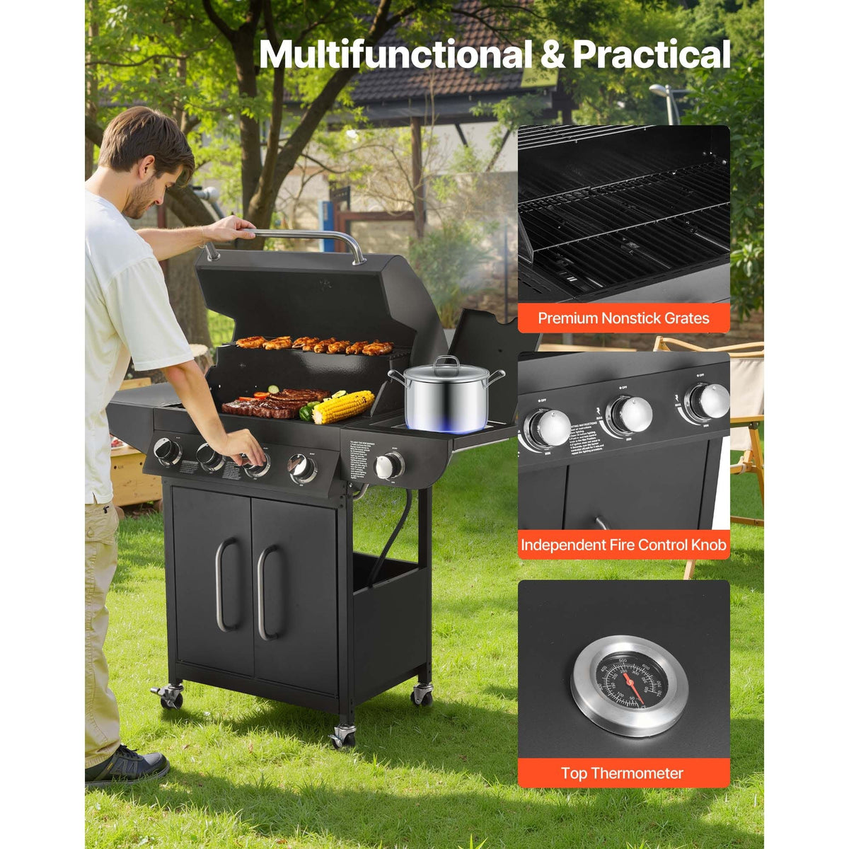 Gas Grill, 4 Burner Propane Gas Grill with Side Burner, 425 SQ.In Grilling Area, Carbon Steel Enamel Grates, Outdoor 52,000 BTU Patio Garden BBQ Grills with Two Side Shelves, Carbon Steel