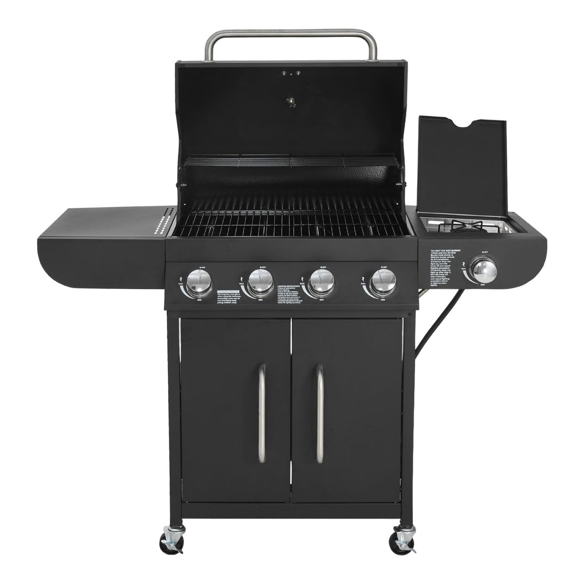 Gas Grill, 4 Burner Propane Gas Grill with Side Burner, 425 SQ.In Grilling Area, Carbon Steel Enamel Grates, Outdoor 52,000 BTU Patio Garden BBQ Grills with Two Side Shelves, Carbon Steel