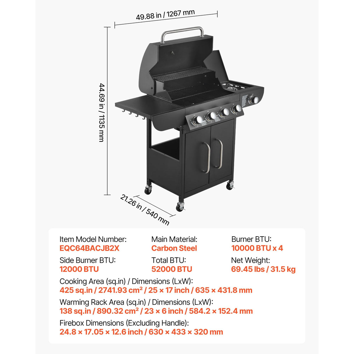 Gas Grill, 4 Burner Propane Gas Grill with Side Burner, 425 SQ.In Grilling Area, Carbon Steel Enamel Grates, Outdoor 52,000 BTU Patio Garden BBQ Grills with Two Side Shelves, Carbon Steel