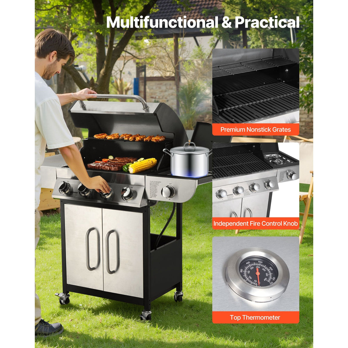 Gas Grill, 4 Burner Propane Gas Grill with Side Burner, 425 SQ.In Grilling Area, Carbon Steel Enamel Grates, Outdoor 52,000 BTU Patio Garden BBQ Grills with Two Side Shelves, Stainless Steel