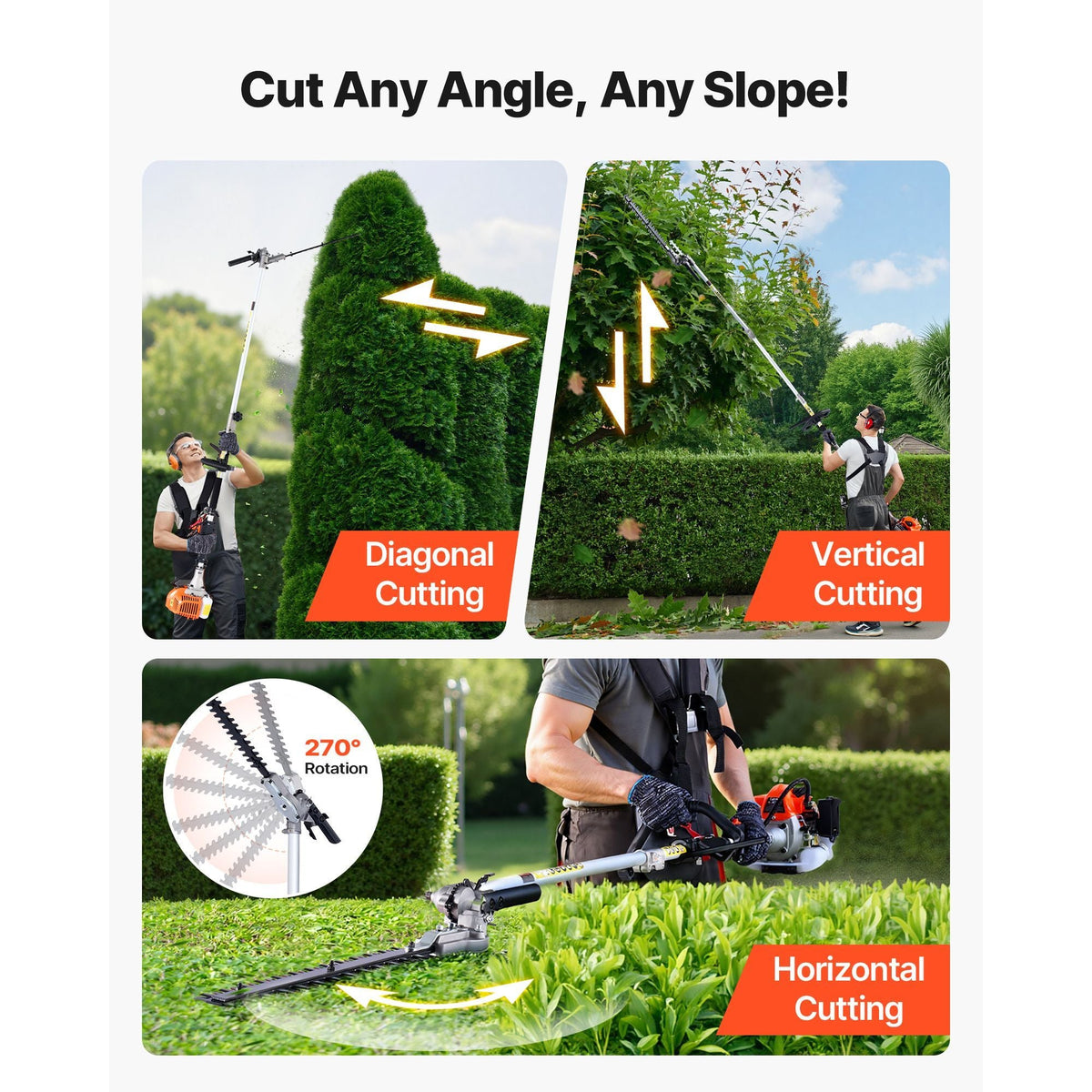 Gas Hedge Trimmer, 2 Cycle Gas Power Handheld Trimmer, 6-in-1 26cc Weed Eater with Extension Pole & Protective Gear Set, Includes Hedge & String Trimmer, Brush Cutter(3T & 40T), Edger, Pole Saw