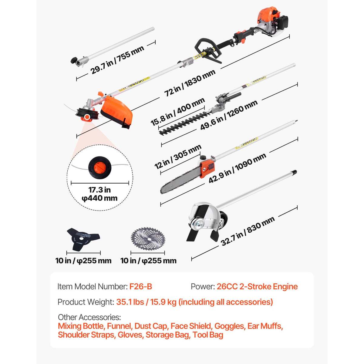 Gas Hedge Trimmer, 2 Cycle Gas Power Handheld Trimmer, 6-in-1 26cc Weed Eater with Extension Pole & Protective Gear Set, Includes Hedge & String Trimmer, Brush Cutter(3T & 40T), Edger, Pole Saw
