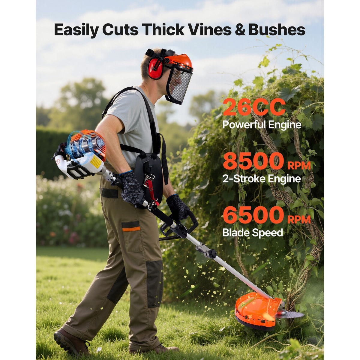 Gas Hedge Trimmer, 2 Cycle Gas Power Handheld Trimmer, 6-in-1 26cc Weed Eater with Extension Pole & Protective Gear Set, Includes Hedge & String Trimmer, Brush Cutter(3T & 40T), Edger, Pole Saw