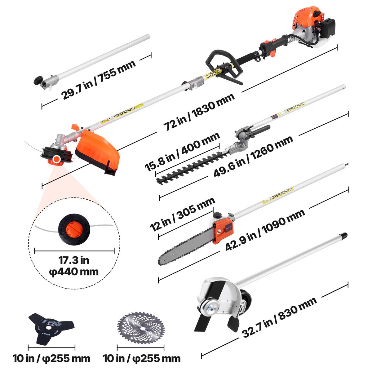 Gas Hedge Trimmer, 2 Cycle Gas Power Handheld Trimmer, 6-in-1 26cc Weed Eater with Extension Pole & Protective Gear Set, Includes Hedge & String Trimmer, Brush Cutter(3T & 40T), Edger, Pole Saw