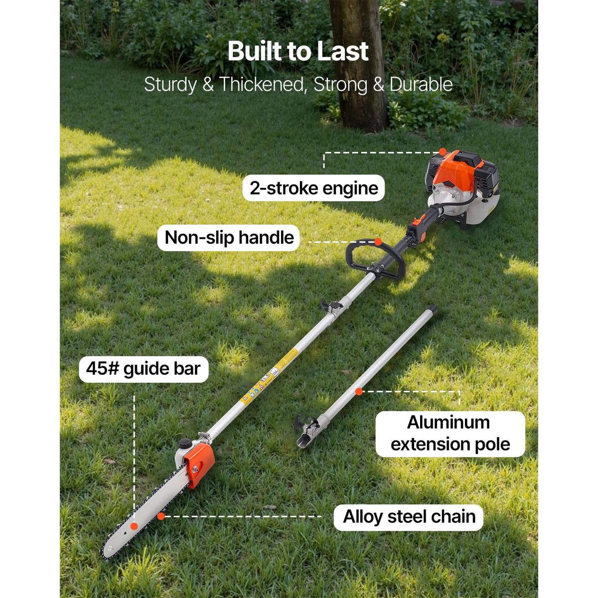 Gas Pole Saw, 52CC 2 Stroke Gas Powered Pole Saws with 14 in Cutting Bar, Cordless Tree Trimmer with 30 fl.oz Fuel Tank, 7.2 to 10 ft Extendable, Powerful Chainsaw for Tree Trimming Pruning