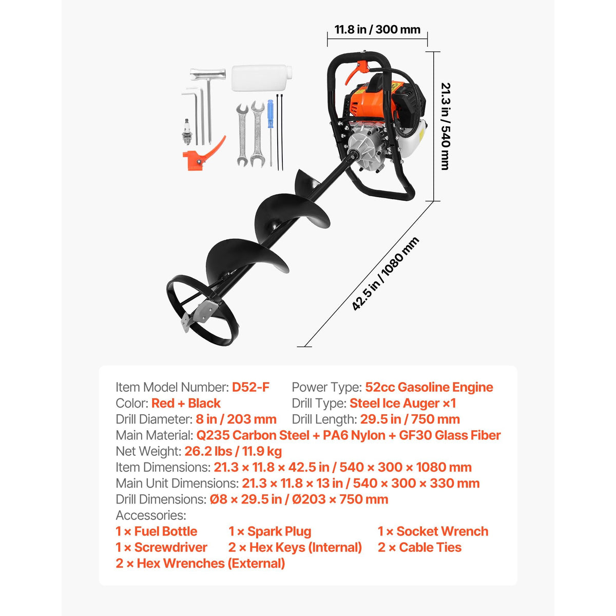 Gas Powered Ice Auger, 52CC 2-Stroke Ice Fishing Augers with 8" Steel Drill Bit, Cold-Resistant & Portable Post Hole Digger, Precise and Fast Drilling Powerhead for Winter Fishing Rescue
