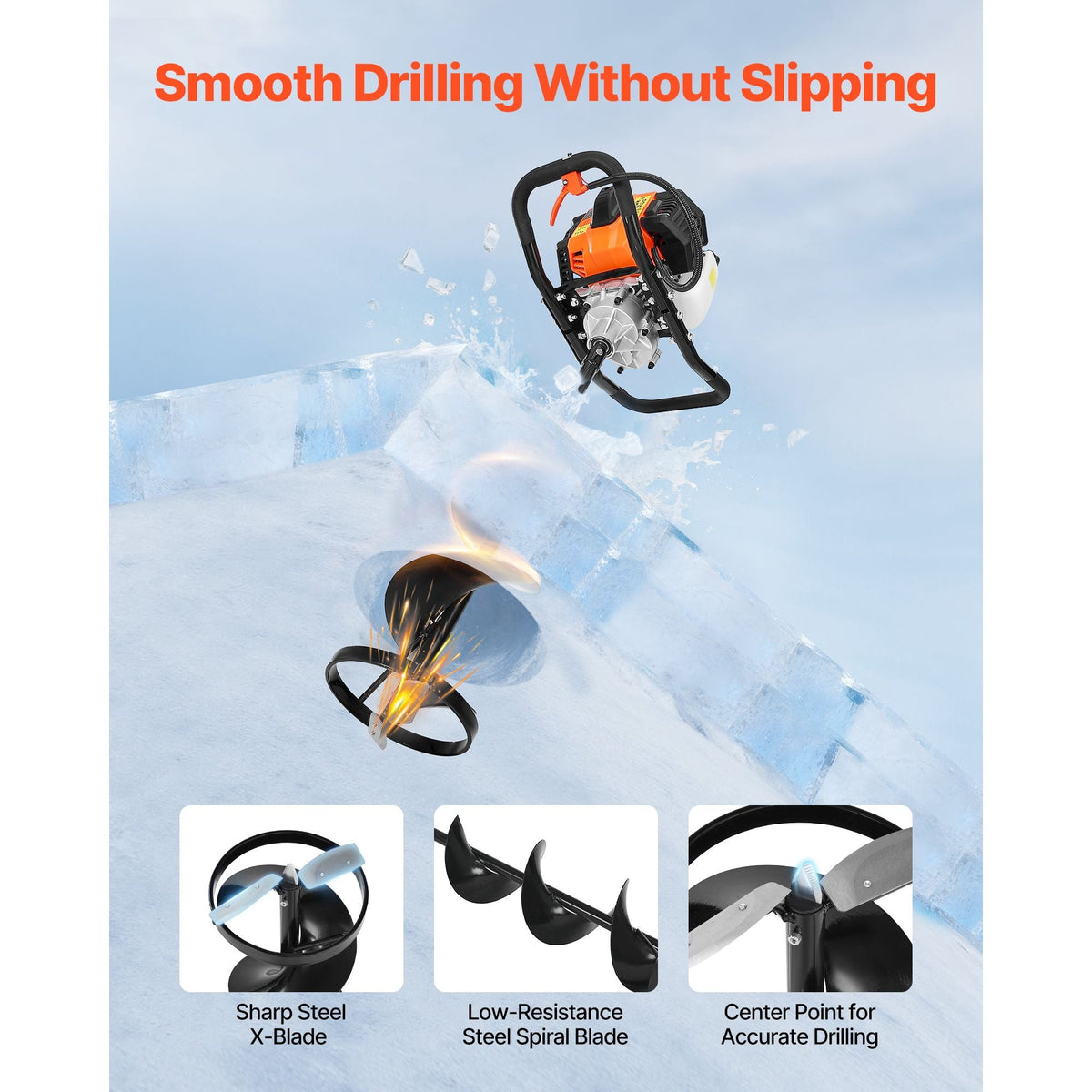 Gas Powered Ice Auger, 52CC 2-Stroke Ice Fishing Augers with 8" Steel Drill Bit, Cold-Resistant & Portable Post Hole Digger, Precise and Fast Drilling Powerhead for Winter Fishing Rescue