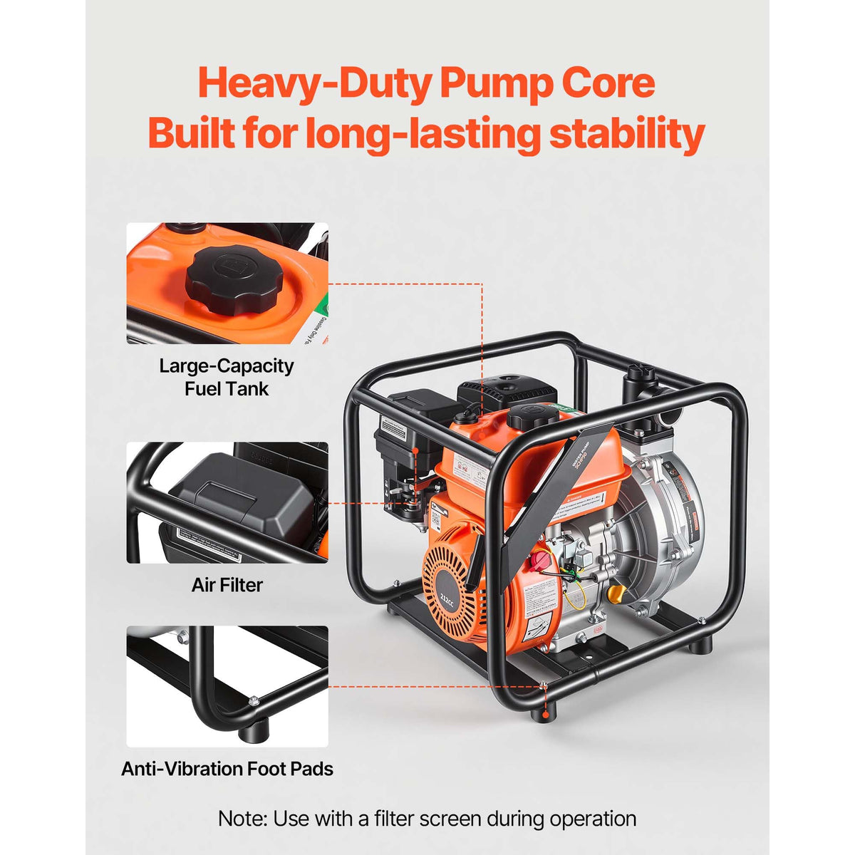 Gas Powered Water Pump, 2 in, 128 GPM 6HP Semi Trash Water Transfer Pump Portable, Gasoline Engine with 25 ft Discharge Hose, Heavy Duty Frame, Cast Iron Impeller, for Irrigation, Ponds, Pools