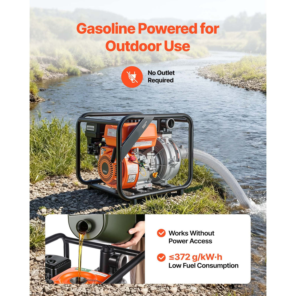 Gas Powered Water Pump, 2 in, 128 GPM 6HP Semi Trash Water Transfer Pump Portable, Gasoline Engine with 25 ft Discharge Hose, Heavy Duty Frame, Cast Iron Impeller, for Irrigation, Ponds, Pools