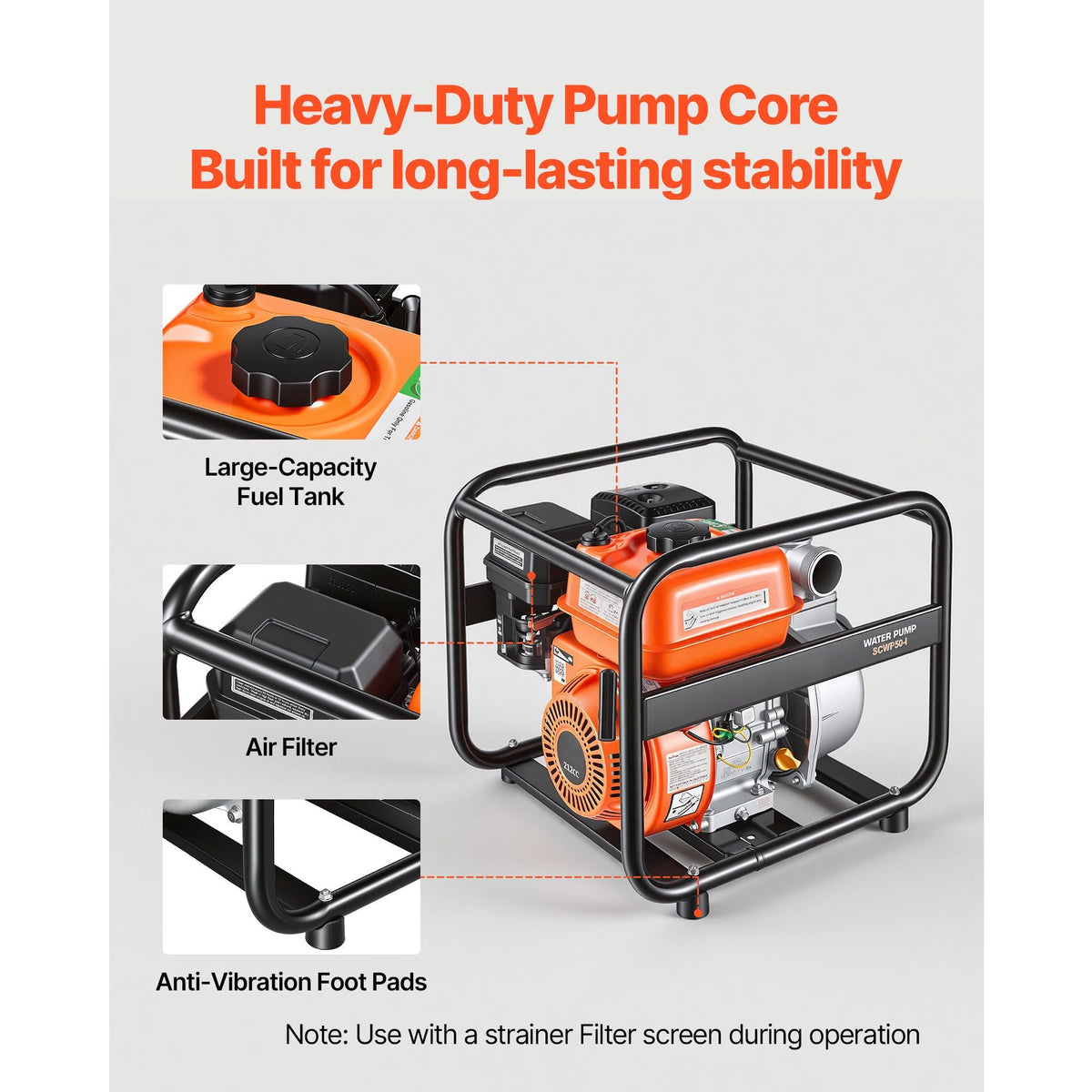 Gas Powered Water Pump, 2 in, 132 GPM 6.5HP Semi Trash Water Transfer Pump Portable, Gasoline Engine with 25 ft Discharge Hose, Heavy Duty Frame, Cast Iron Impeller, for Irrigation, Ponds, Pools
