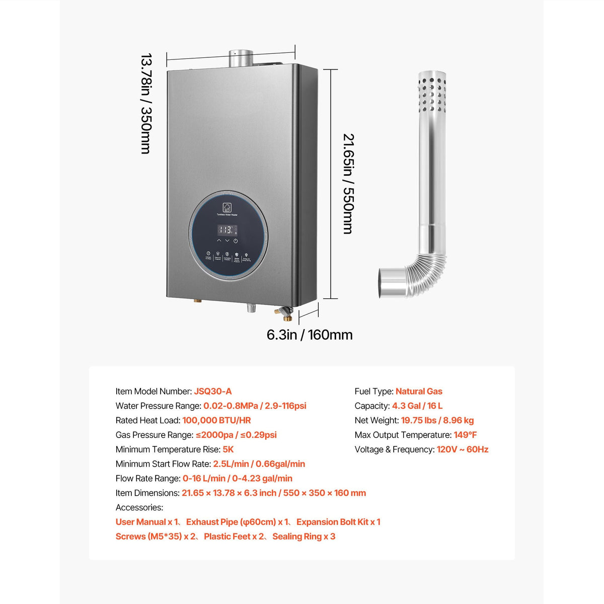 Gas Tankless Water Heater, 4.3Gal Indoor 100000 BTU Instant Hot Water Heater, Smart Temperature Control & Clear LED Display & Multiple Security Protections for Whole House,Silver Gray