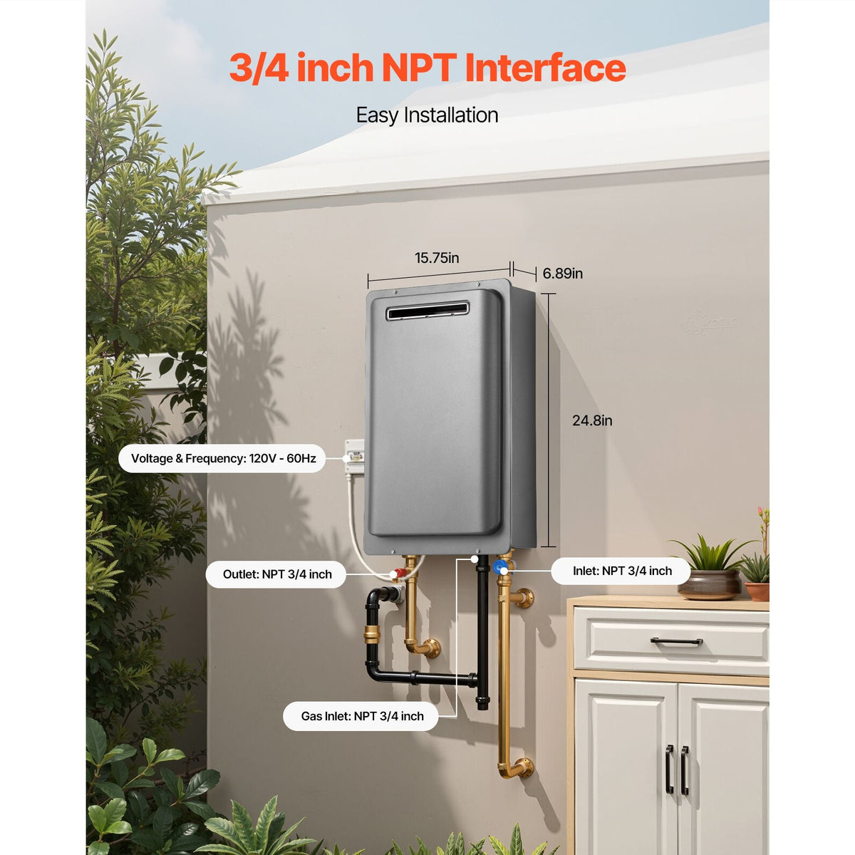 Gas Tankless Water Heater, 8Gal Outdoor 191000 BTU Instant Hot Water Heater, Smart Temperature Control & 3/4 inch NPT Interface& Multiple Security Protections for Whole House, Silver Gray