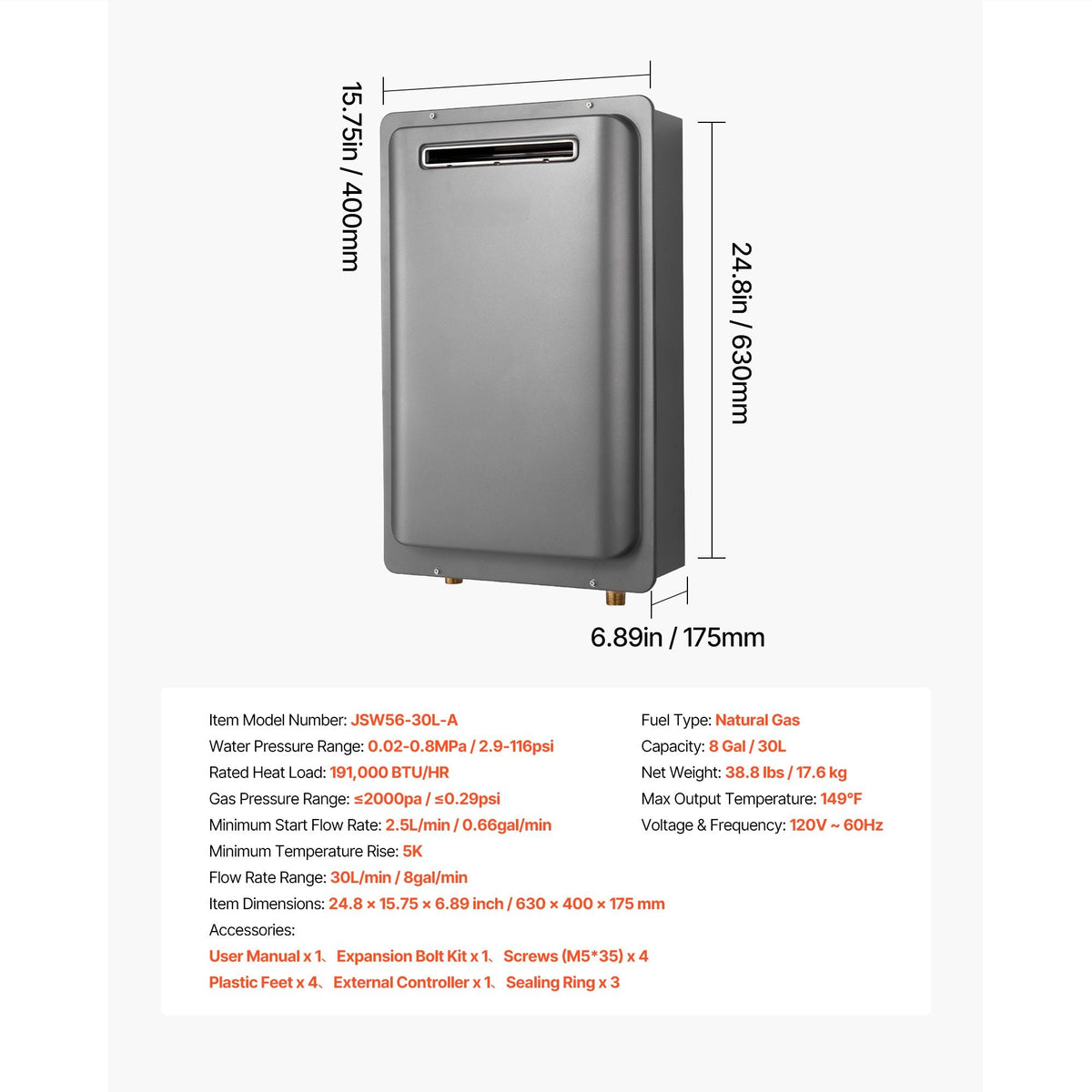 Gas Tankless Water Heater, 8Gal Outdoor 191000 BTU Instant Hot Water Heater, Smart Temperature Control & 3/4 inch NPT Interface& Multiple Security Protections for Whole House, Silver Gray