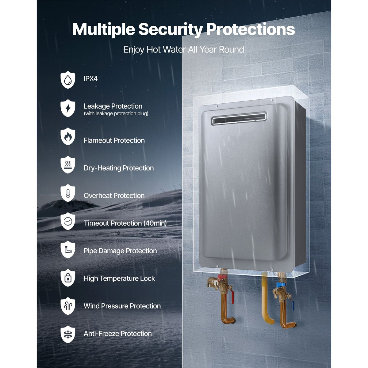 Gas Tankless Water Heater, 8Gal Outdoor 191000 BTU Instant Hot Water Heater, Smart Temperature Control & 3/4 inch NPT Interface& Multiple Security Protections for Whole House, Silver Gray