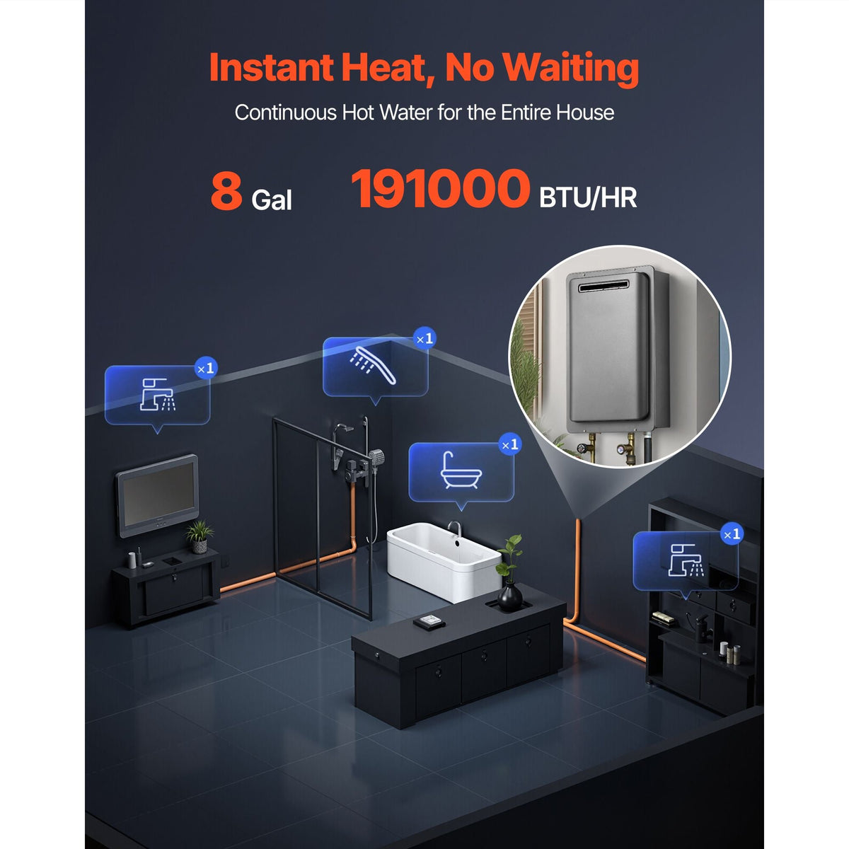 Gas Tankless Water Heater, 8Gal Outdoor 191000 BTU Instant Hot Water Heater, Smart Temperature Control & 3/4 inch NPT Interface& Multiple Security Protections for Whole House, Silver Gray