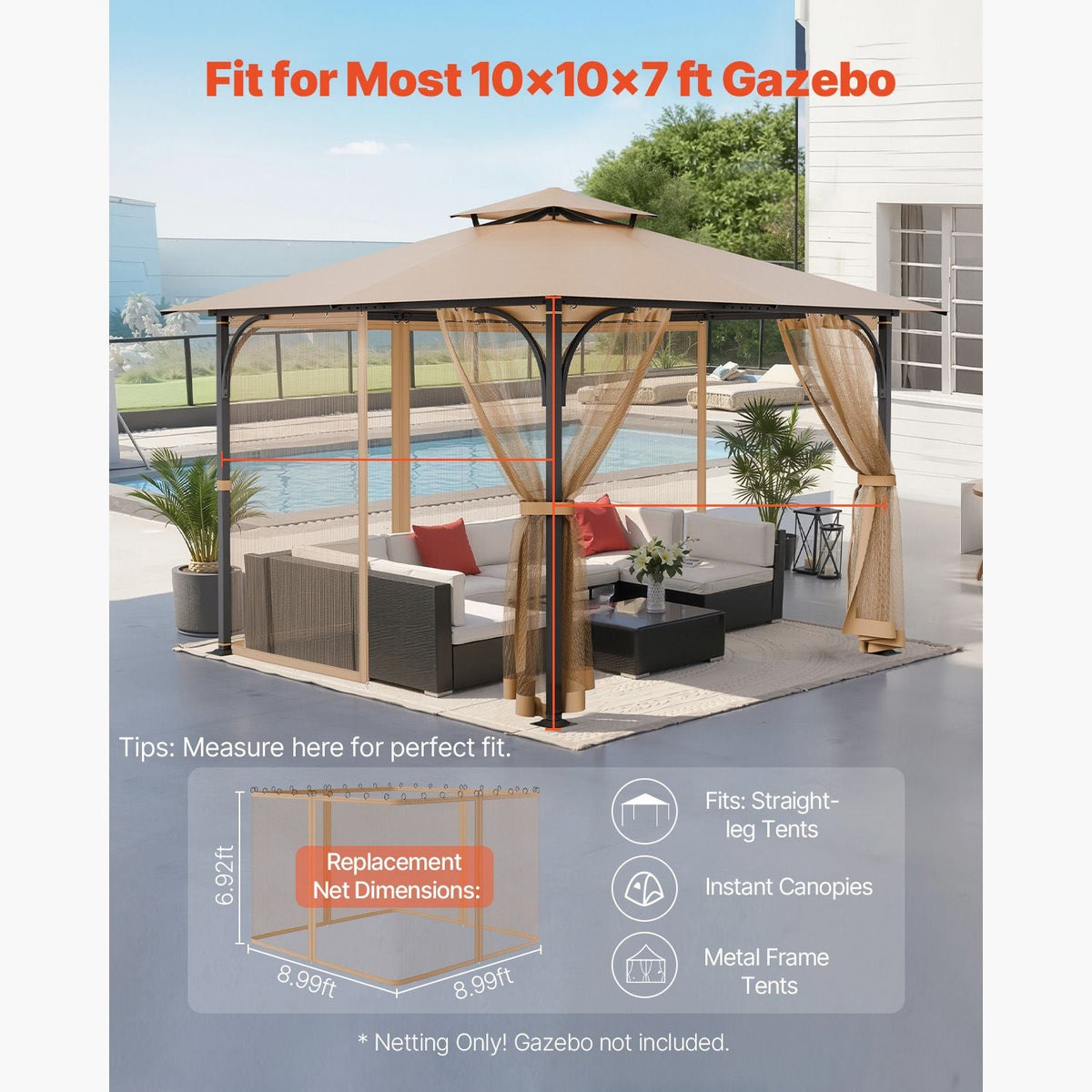 Gazebo Netting Replacement, Fit Most 10 x 10 x 7 FT Gazebo Curtain, Outdoor Garden Net, 4-Panel Sidewall Mesh Net, Patio Midge Netting with Double Zipper, Canopy Screen (Netting Only)