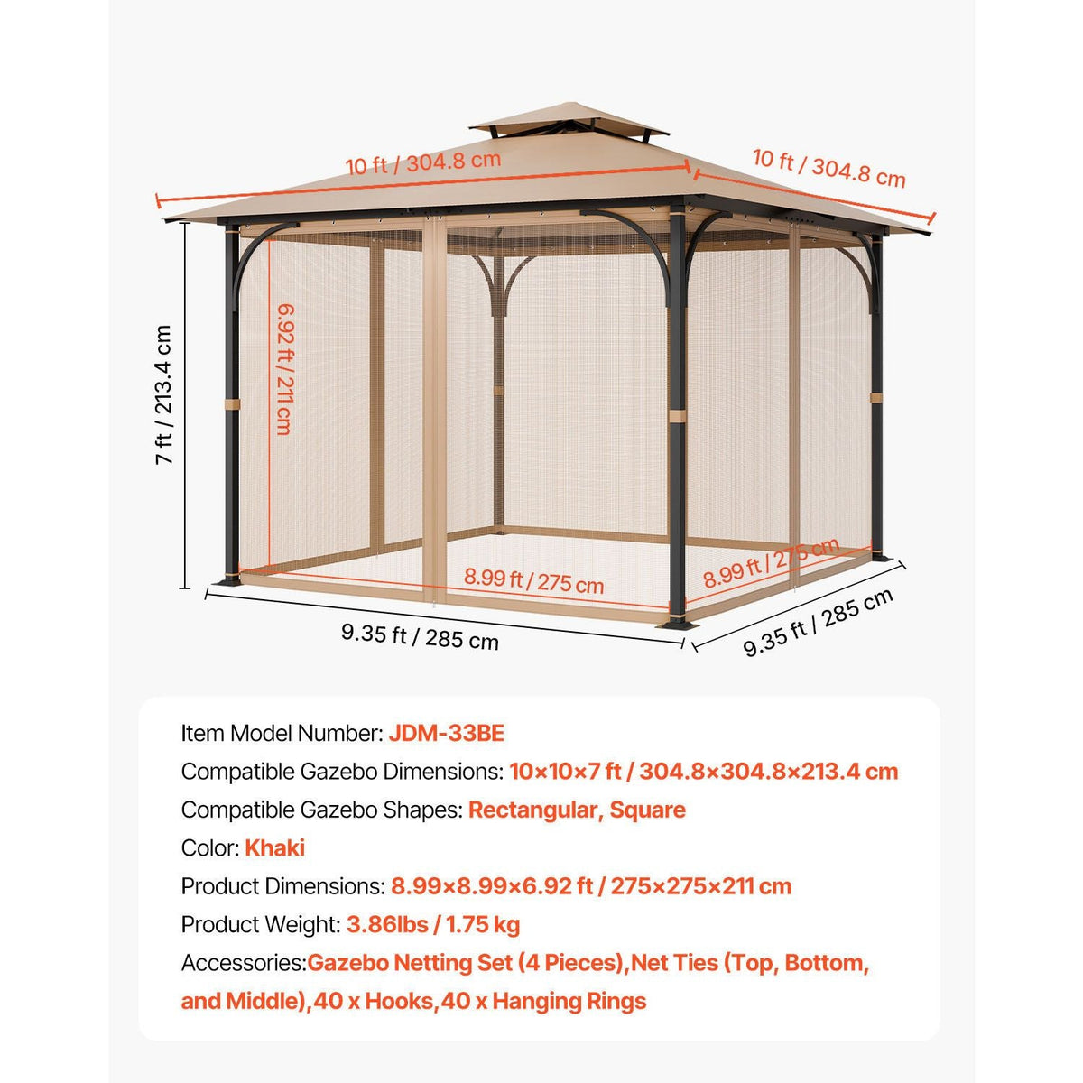 Gazebo Netting Replacement, Fit Most 10 x 10 x 7 FT Gazebo Curtain, Outdoor Garden Net, 4-Panel Sidewall Mesh Net, Patio Midge Netting with Double Zipper, Canopy Screen (Netting Only)
