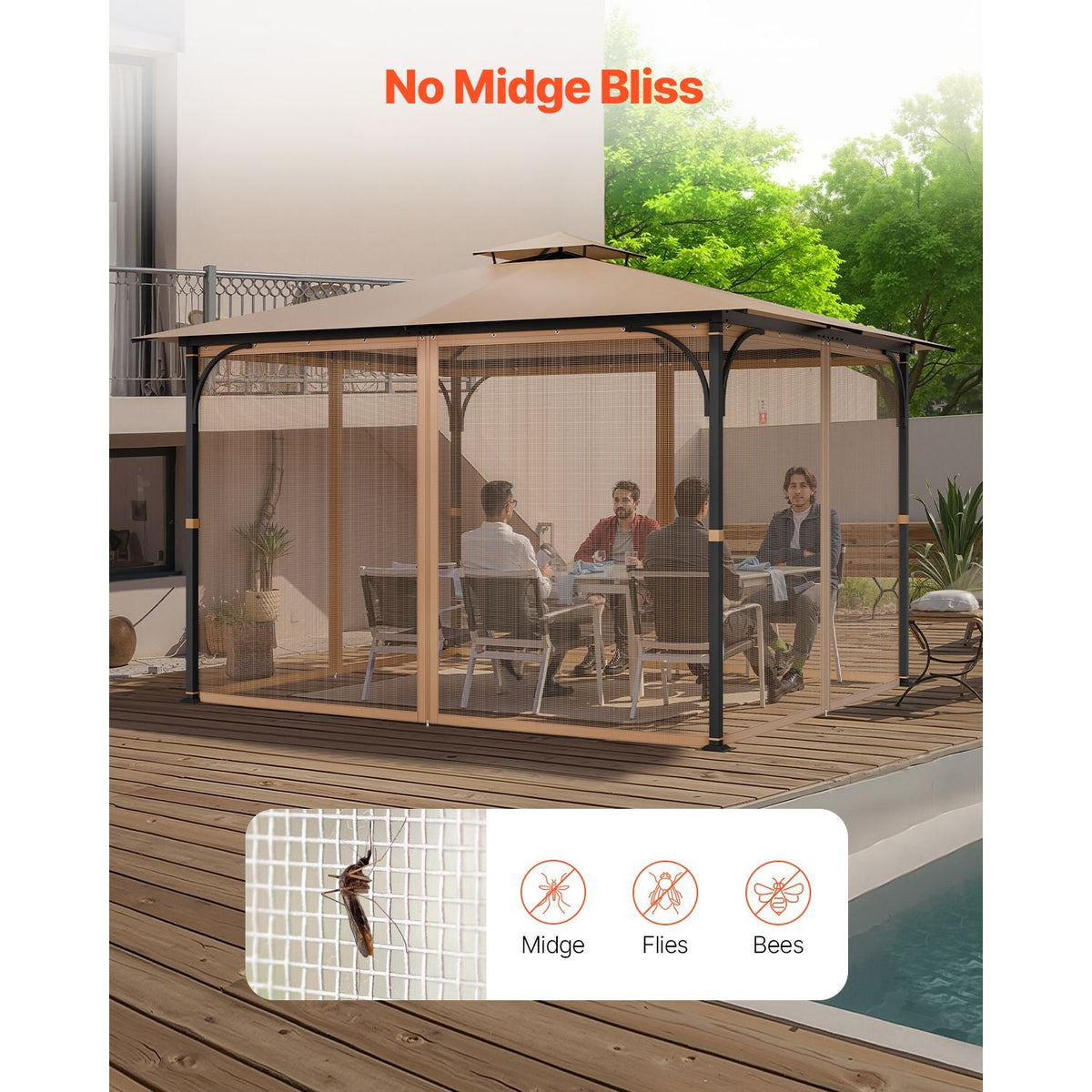 Gazebo Netting Replacement, Fit Most 10x12x7.3 FT Gazebo, Outdoor Garden Gazebo Net, 4-Panel Sidewall Mesh Gazebo Curtain, Patio Midge Netting with Double Zipper, Canopy Screen (Netting Only)