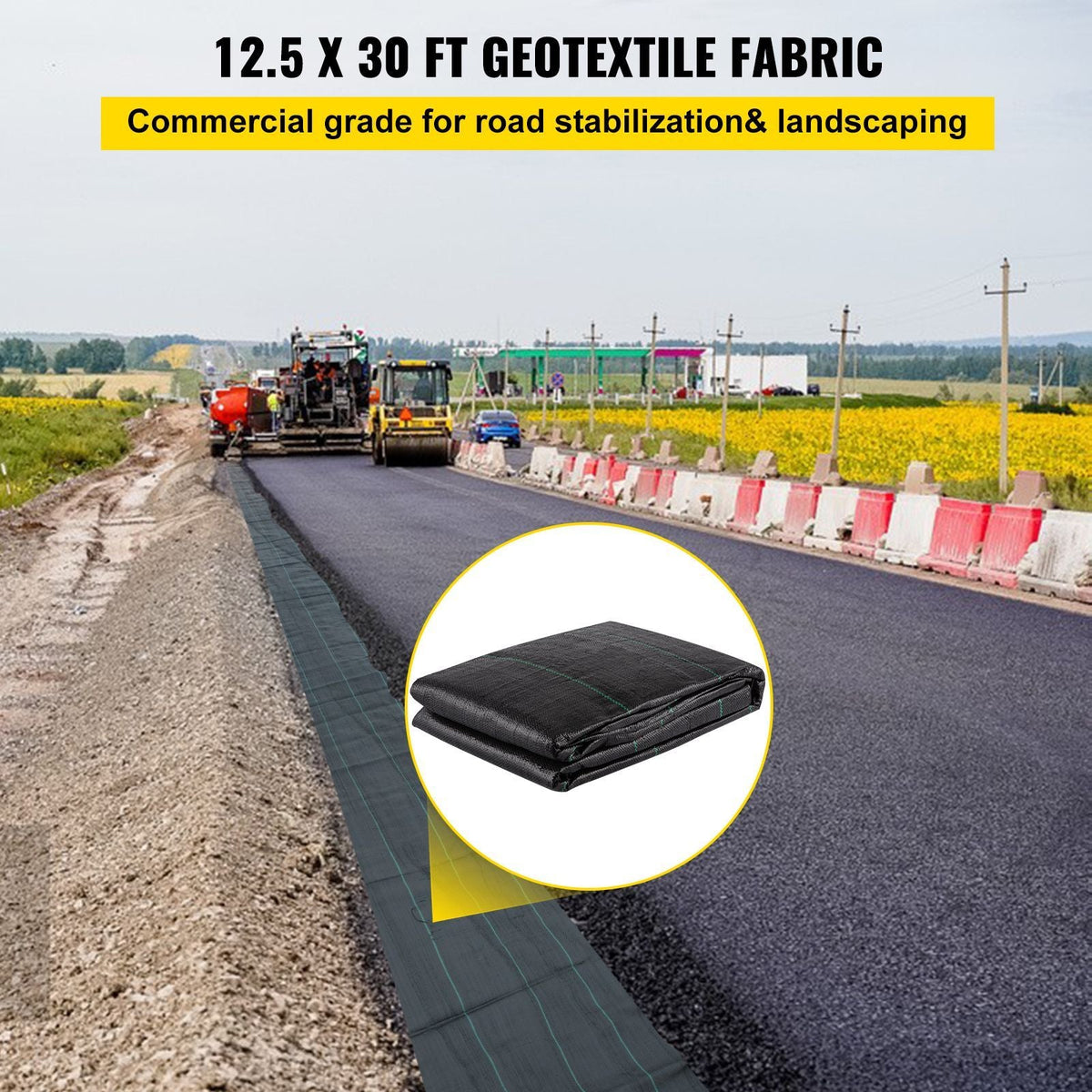 Geotextile Fabric, 12.5 x 30 ft 3.5oz Woven PP Driveway Drain Cloth with 600lbs Tensile Strength, Heavy Duty Underlayment for Soil Stabilization, Landscaping, Weed Barrier, 12.5FT30FT-3.5OZ, Bla