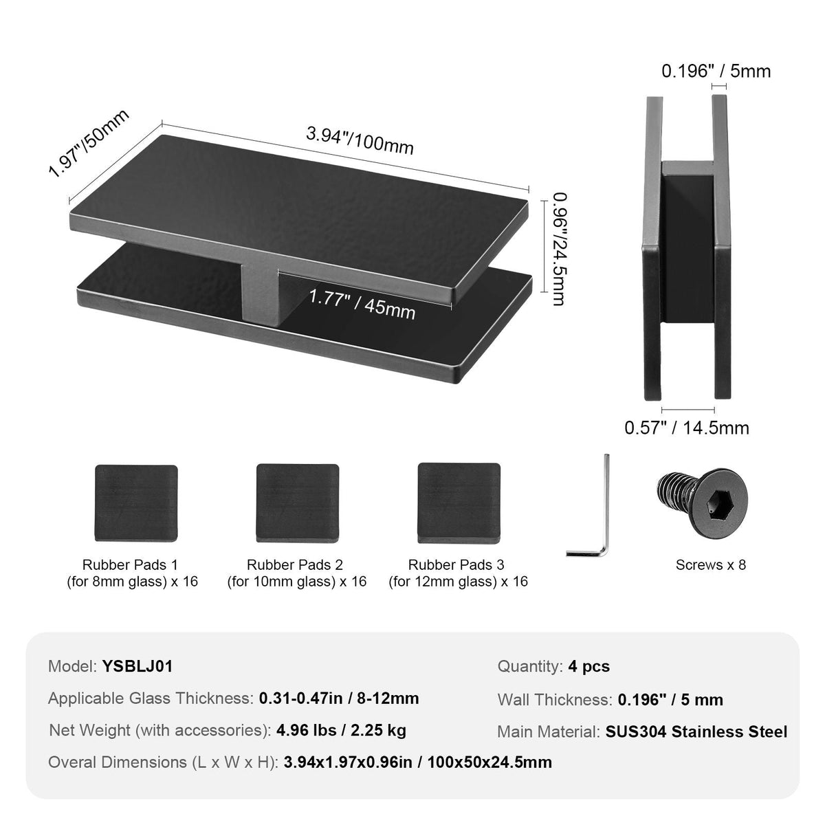 Glass Clamp, 4 PCS Rectangle Glass Railing Bracket for 0.31 "-0.47 " Tempered Glass, 304 Stainless Steel Glass Mounting Clamp, 0.2' Thick Glass Shelf Bracket for Balcony, Garden, Pool, Stair