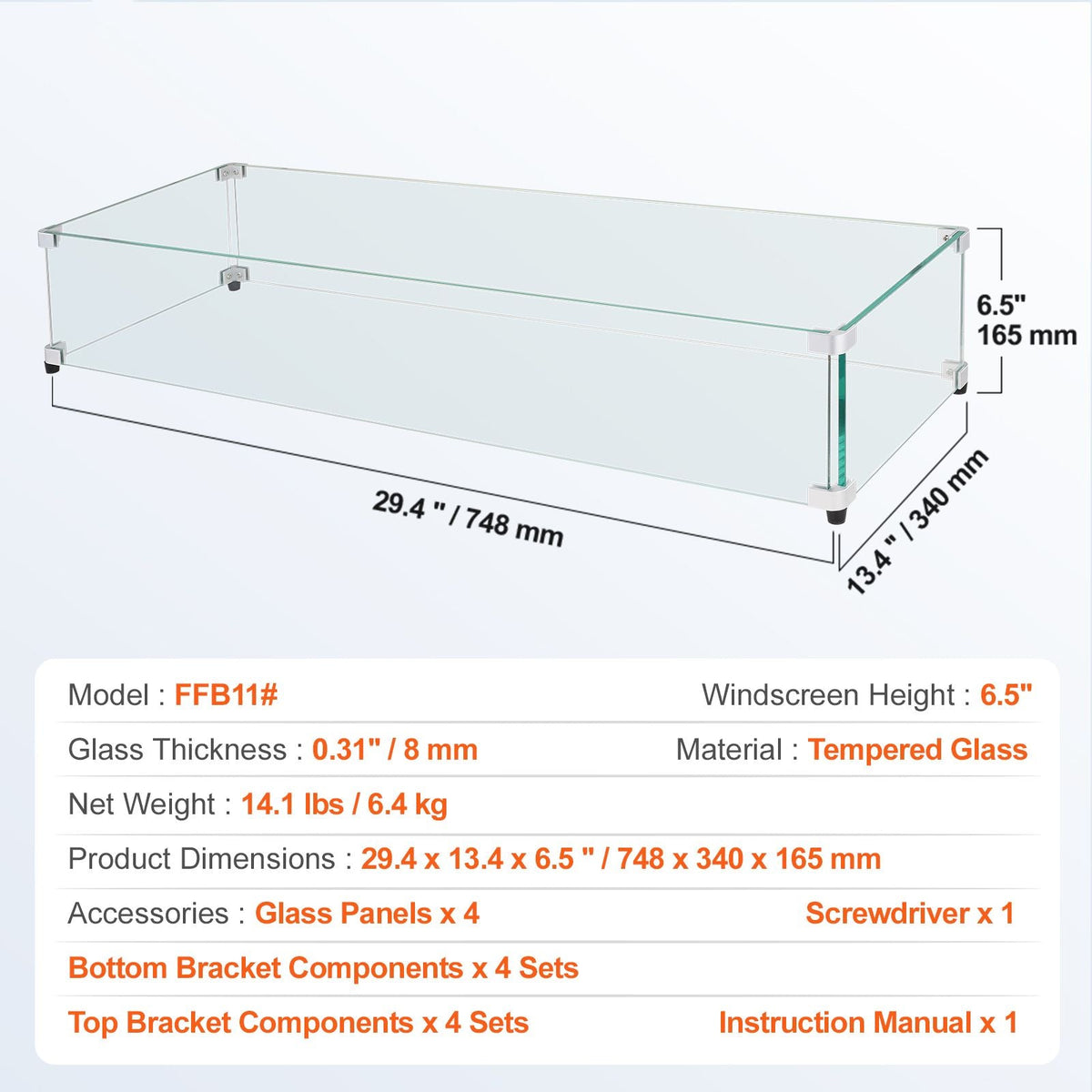 Glass Wind Guard for Rectangular Fire Pit Table 29 x 13 x 6.5 Inch, 0.31 inch Thick and Sturdy Tempered Glass Panel with Hard Aluminum Corner Bracket & Rubber Feet, Easy to Assemble